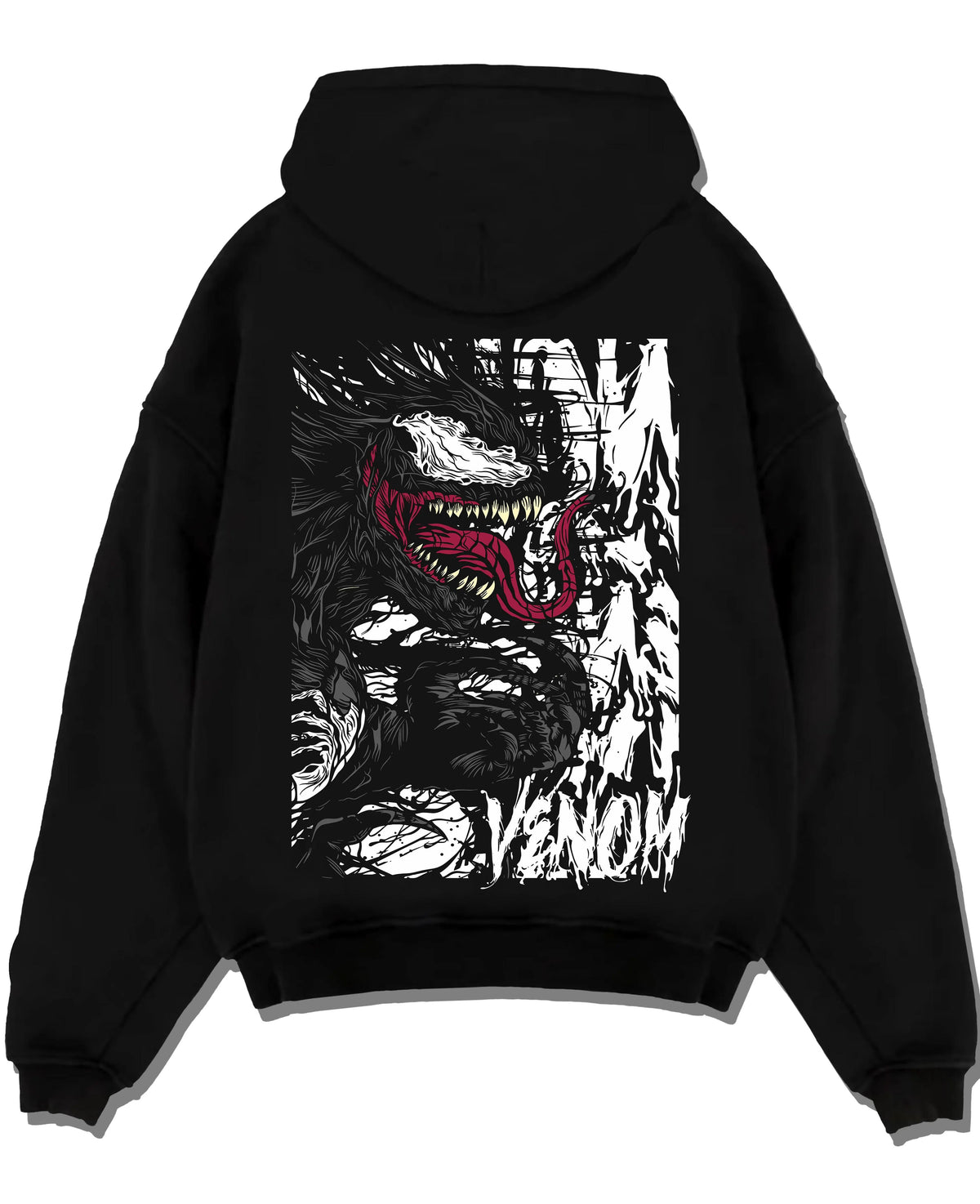 Black hoodie laid flat featuring Venom white symbiote monster portrait Marvel artwork.