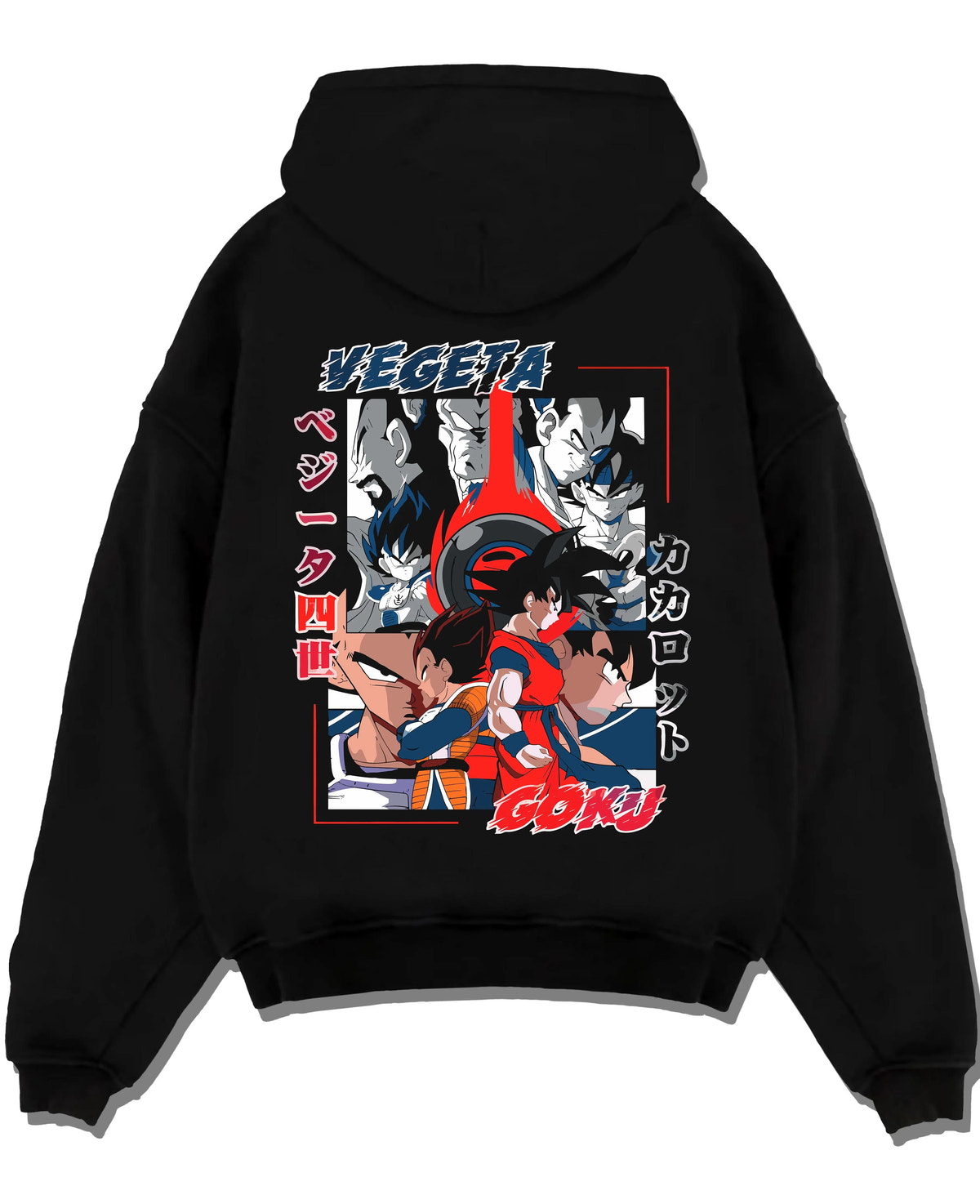 Black hoodie laid flat featuring Vegeta and Goku Saiyan rival clash Dragon Ball artwork.