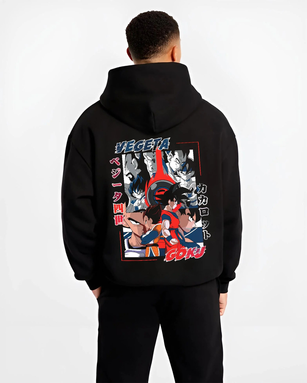 Black hoodie worn by male model from the back featuring Vegeta and Goku Saiyan rival clash Dragon Ball artwork.