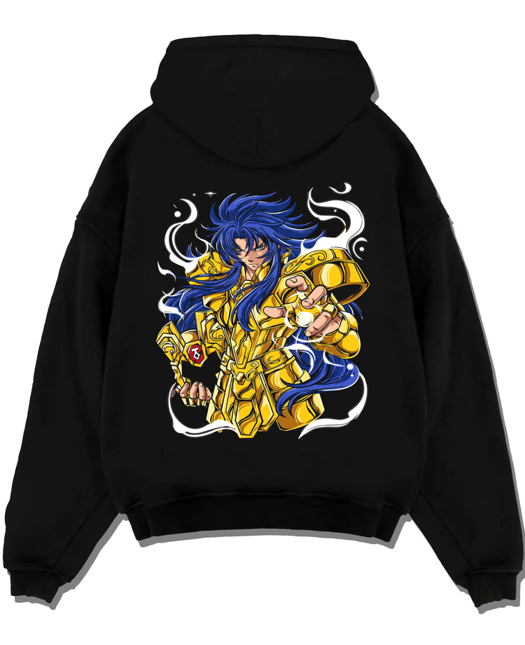Black hoodie laid flat featuring Gemini Saga Gold Saint cosmos power Saint Seiya artwork.