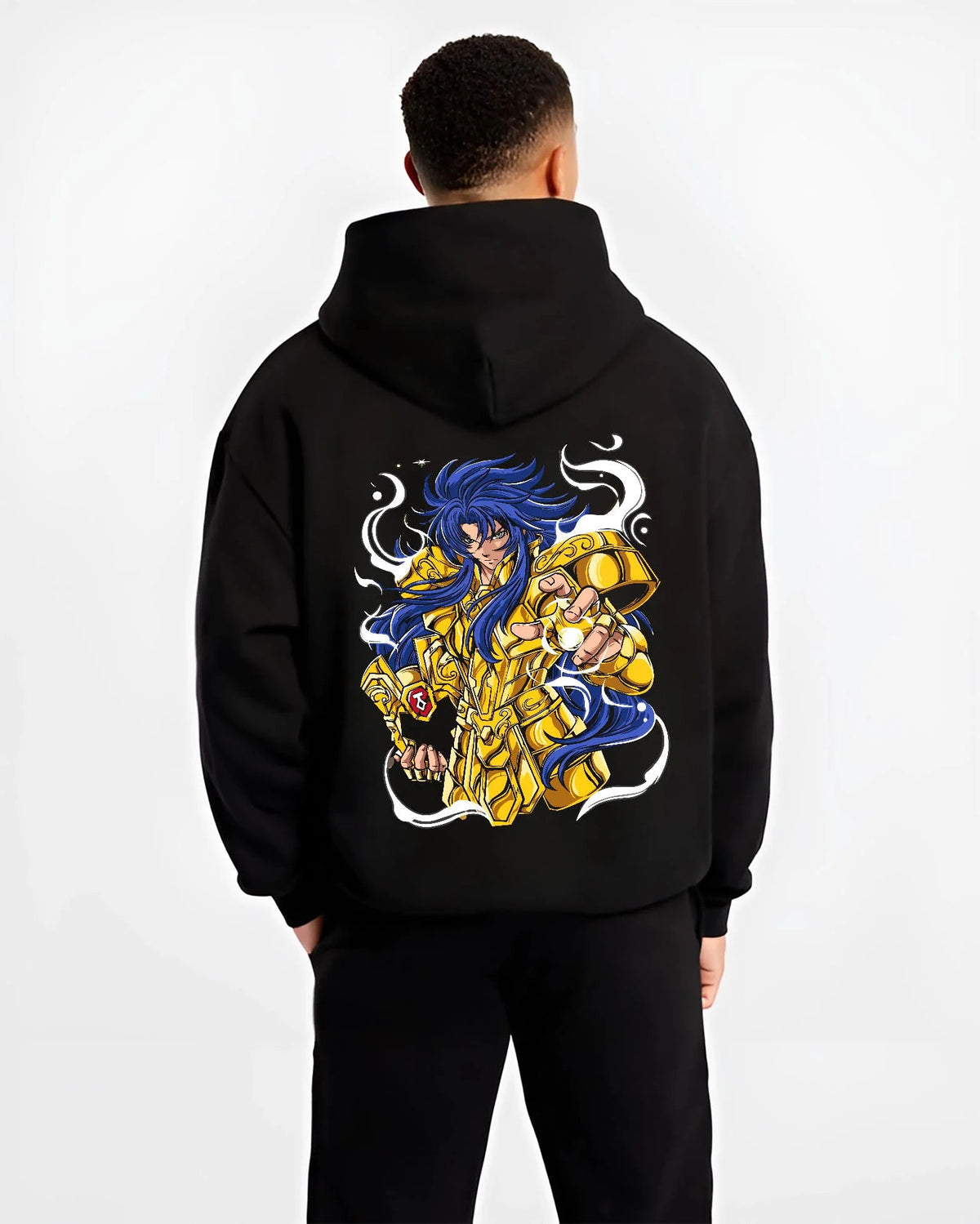 Black hoodie worn by male model from the back featuring Gemini Saga Gold Saint cosmos power Saint Seiya artwork.
