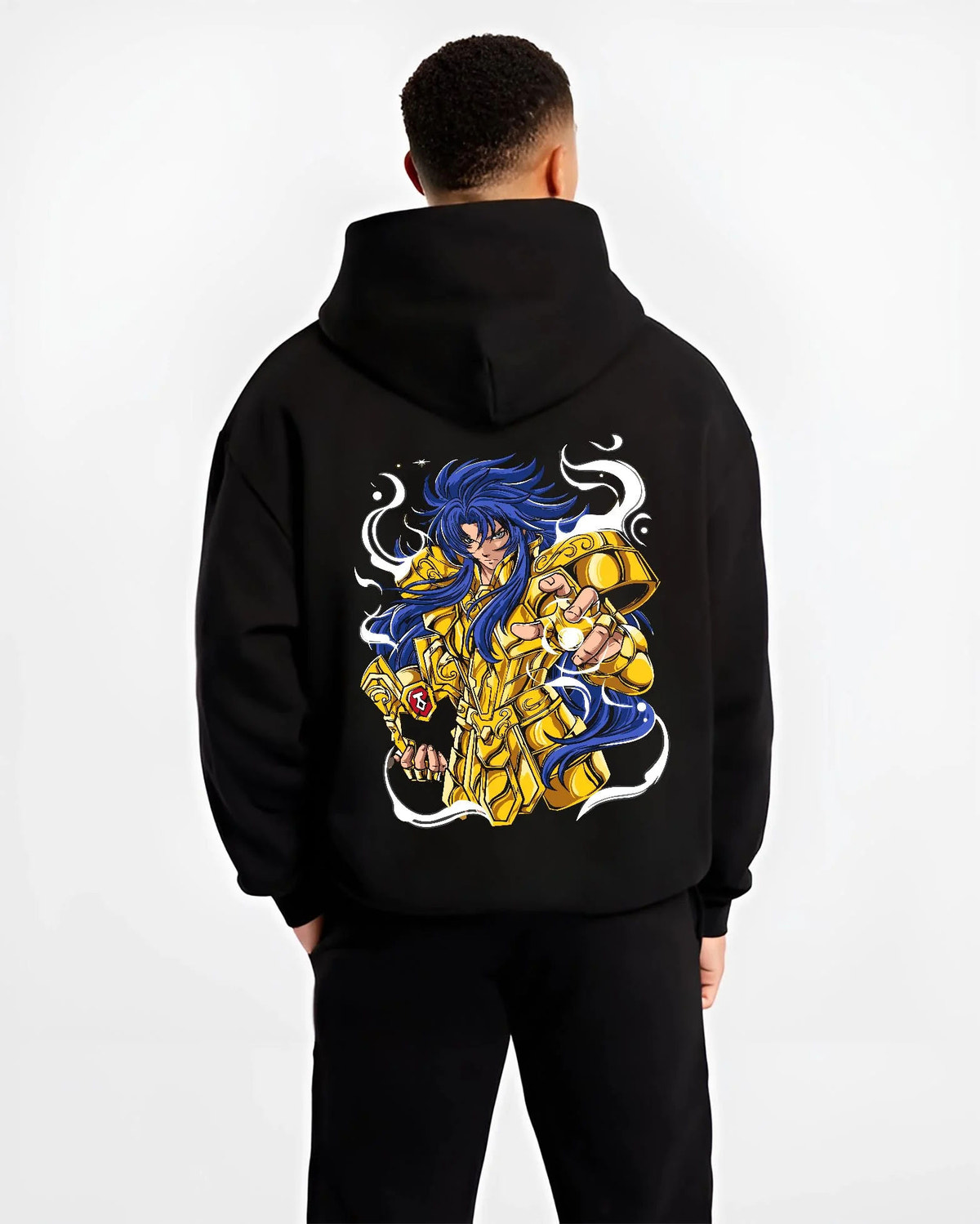 Black hoodie worn by male model from the back featuring Gemini Saga Gold Saint cosmos power Saint Seiya artwork.