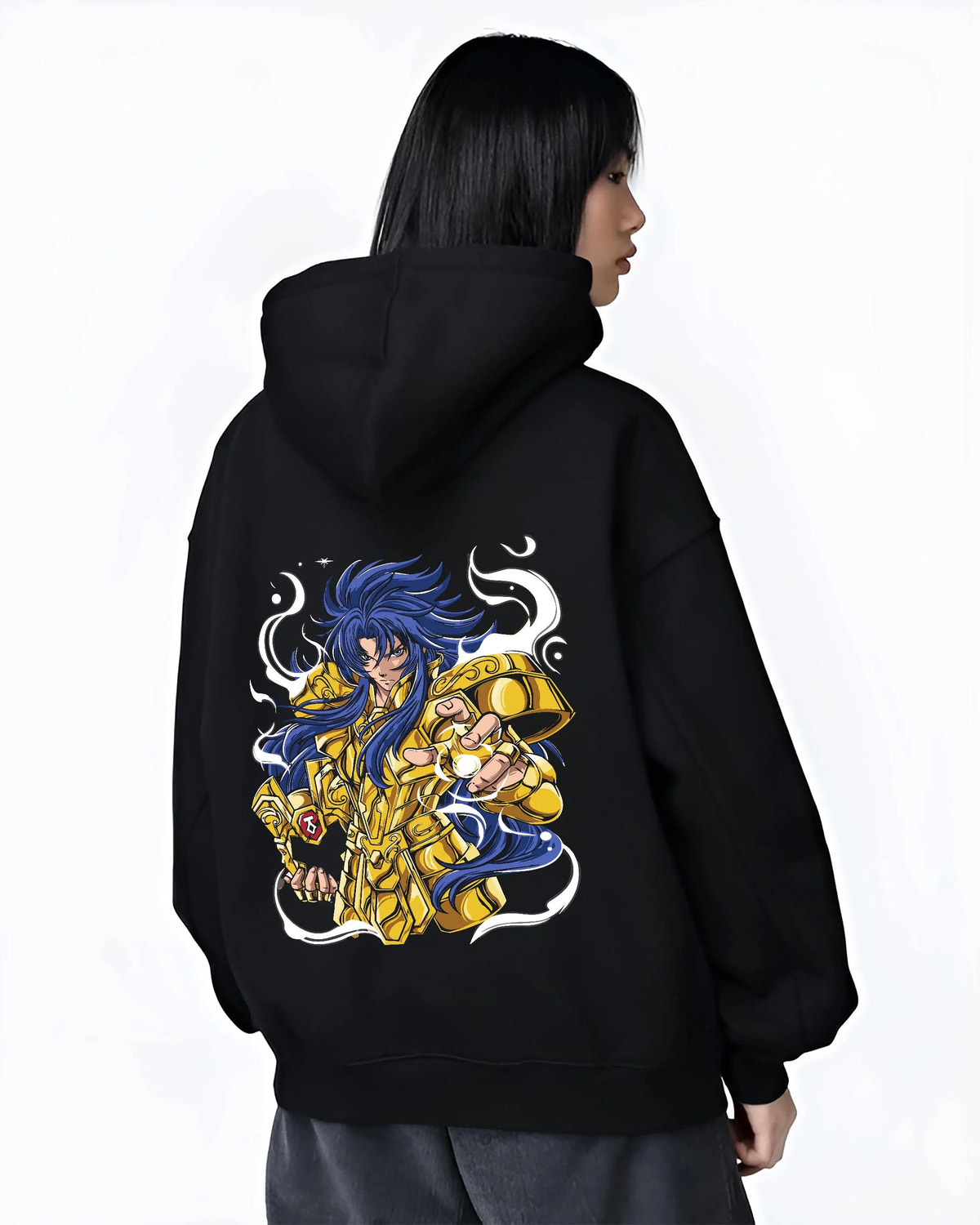 Black hoodie worn by female model from the back featuring Gemini Saga Gold Saint cosmos power Saint Seiya artwork.