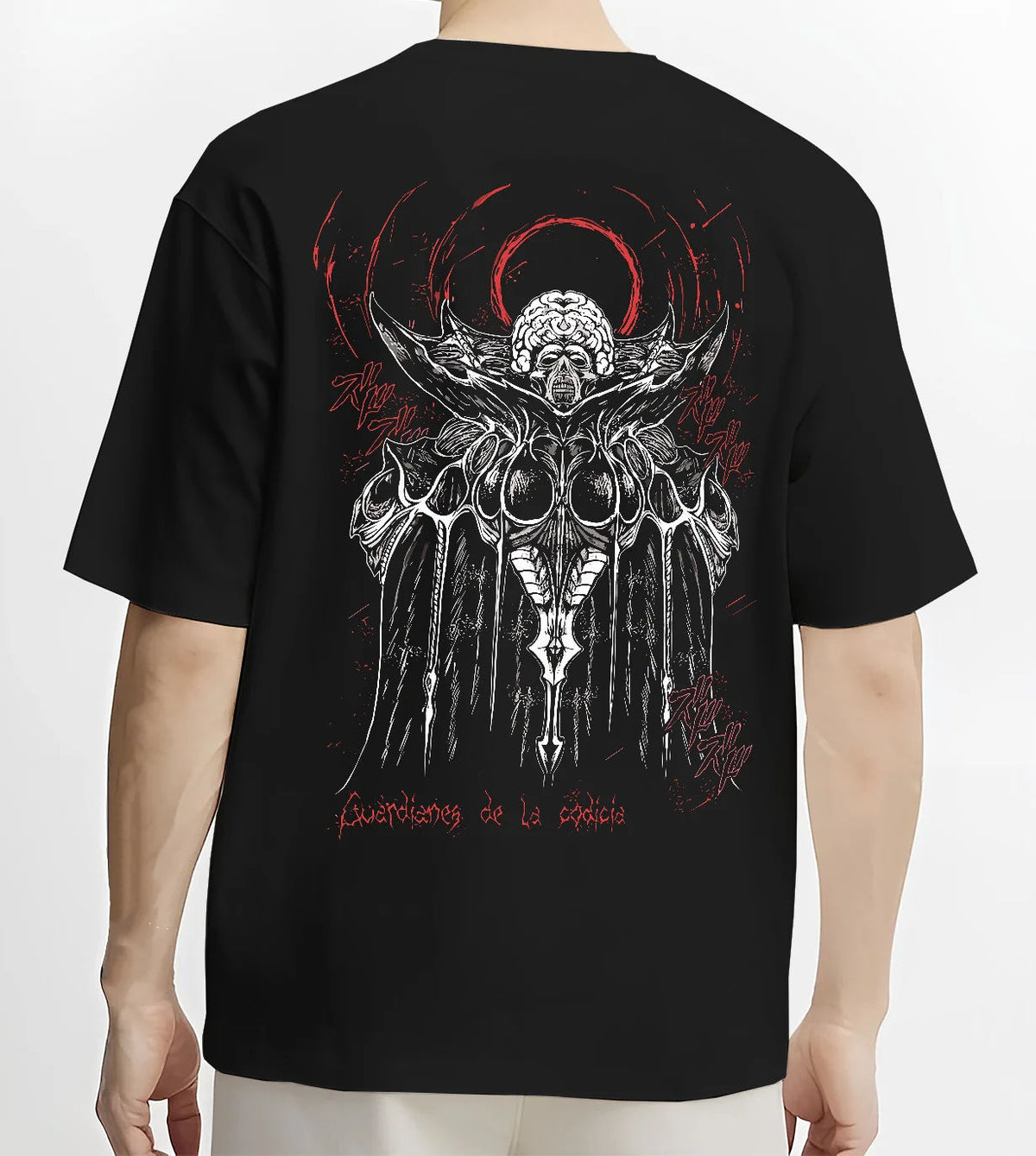 Black T-shirt model back view showing Void from Berserk: God Hand