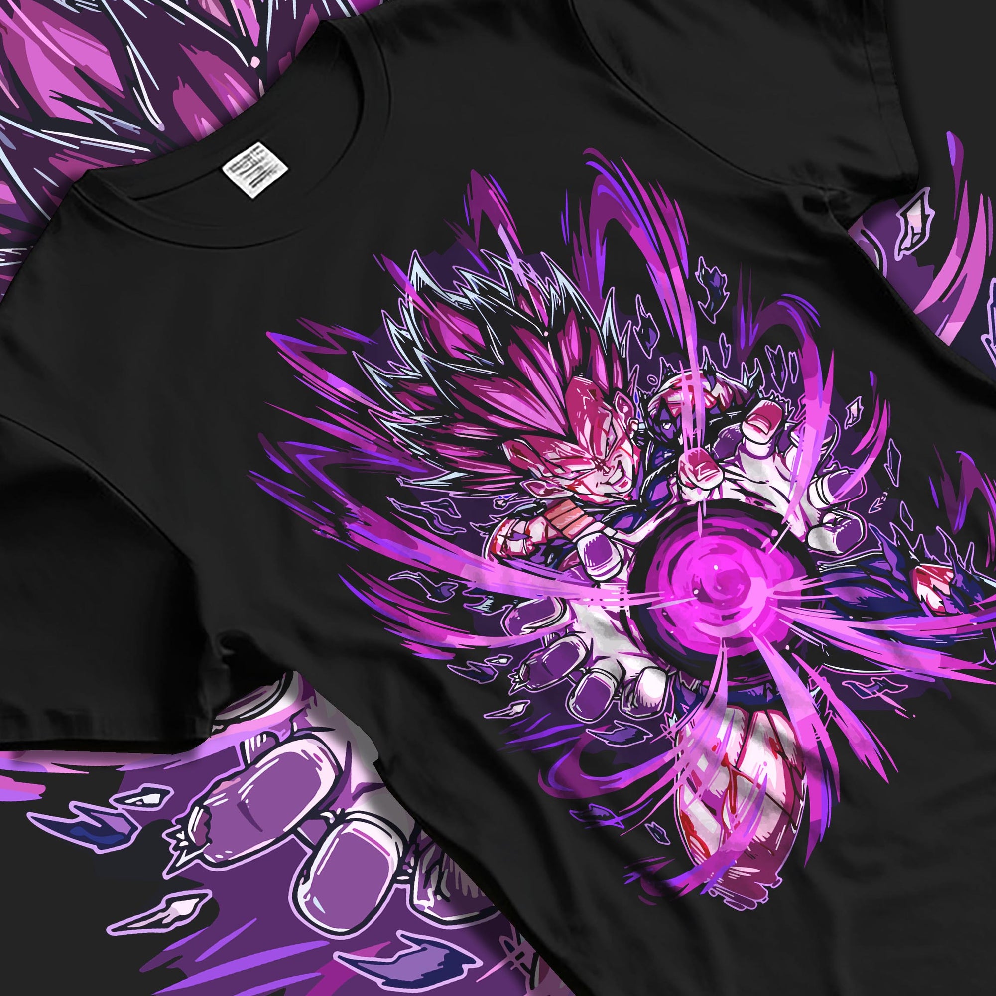 Black T-shirt laid flat with natural fabric folds, featuring Dragon Ball Vegeta shonen battle character in anime poster inspired artwork with glowing purple aura.