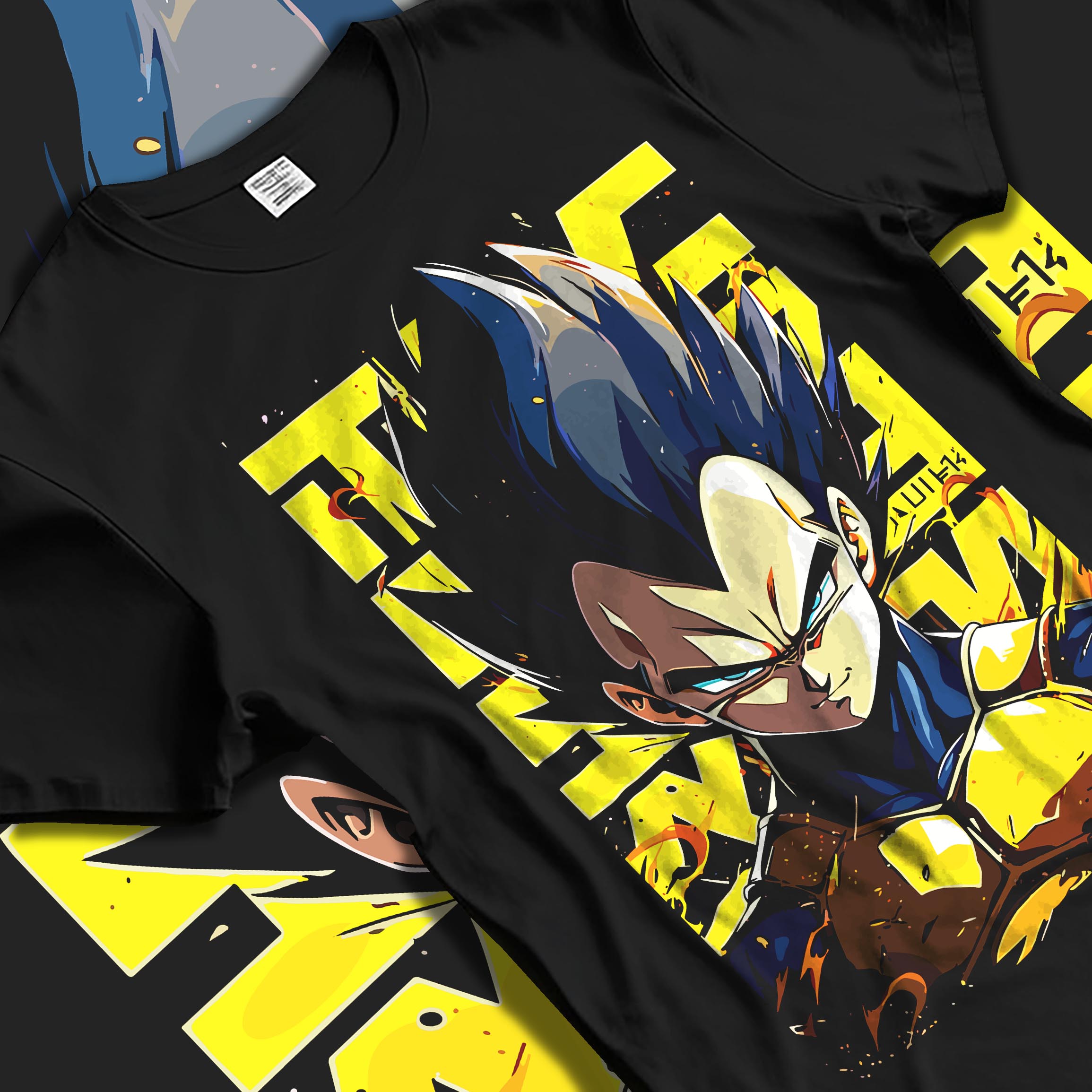 Black T-shirt laid flat with natural fabric folds, featuring Dragon Ball Vegeta anime poster inspired portrait design with bold yellow background in retro manga battle style.