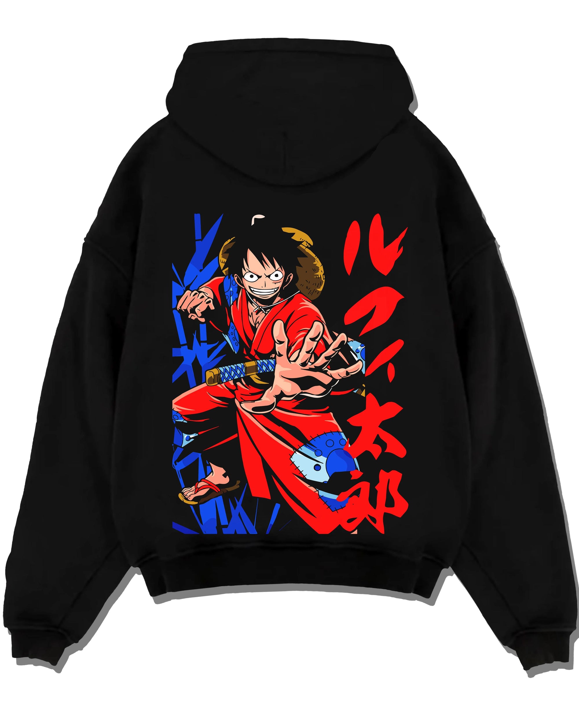 Black pullover hoodie laid flat with Monkey D Luffy Hoodie One Piece Samurai Warrior graphic streetwear graphic.