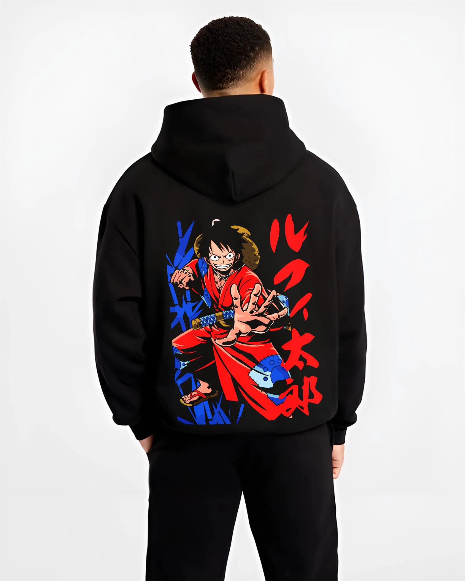 Black hoodie worn by male model, back view with Monkey D Luffy Hoodie One Piece Samurai Warrior graphic premium wear.