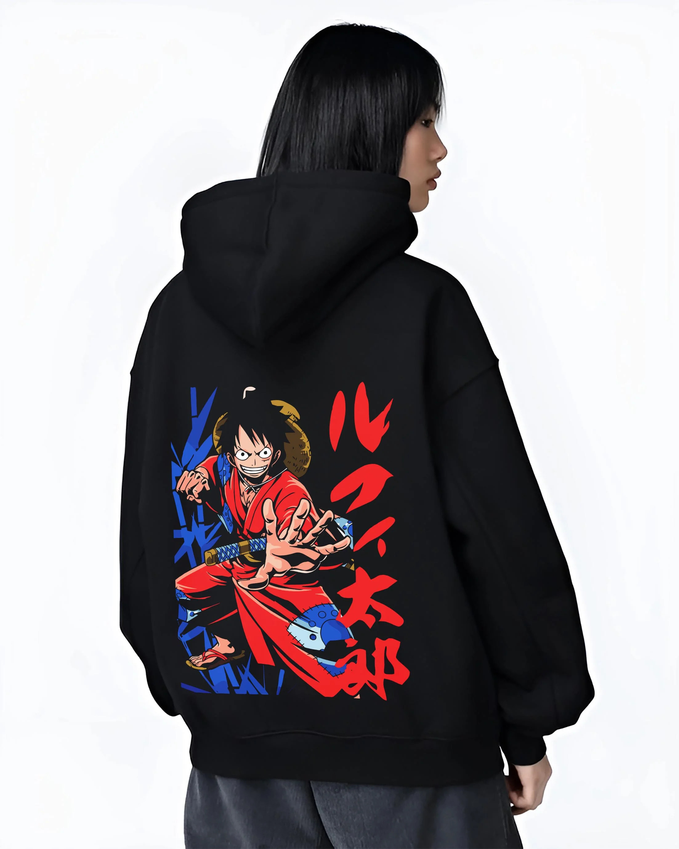 Black hoodie worn by female model, back view with Monkey D Luffy Hoodie One Piece Samurai Warrior graphic bold anime graphic.