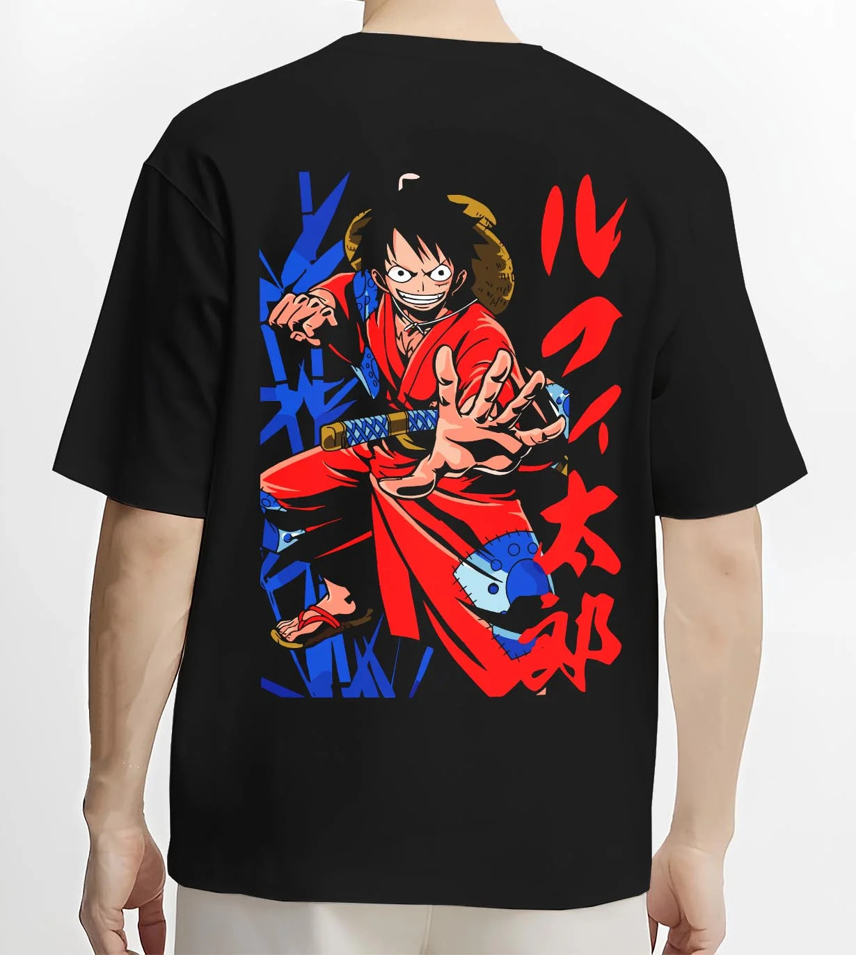 Black T-shirt worn by male model, back view with Monkey D Luffy Hoodie One Piece Samurai Warrior graphic premium wear.