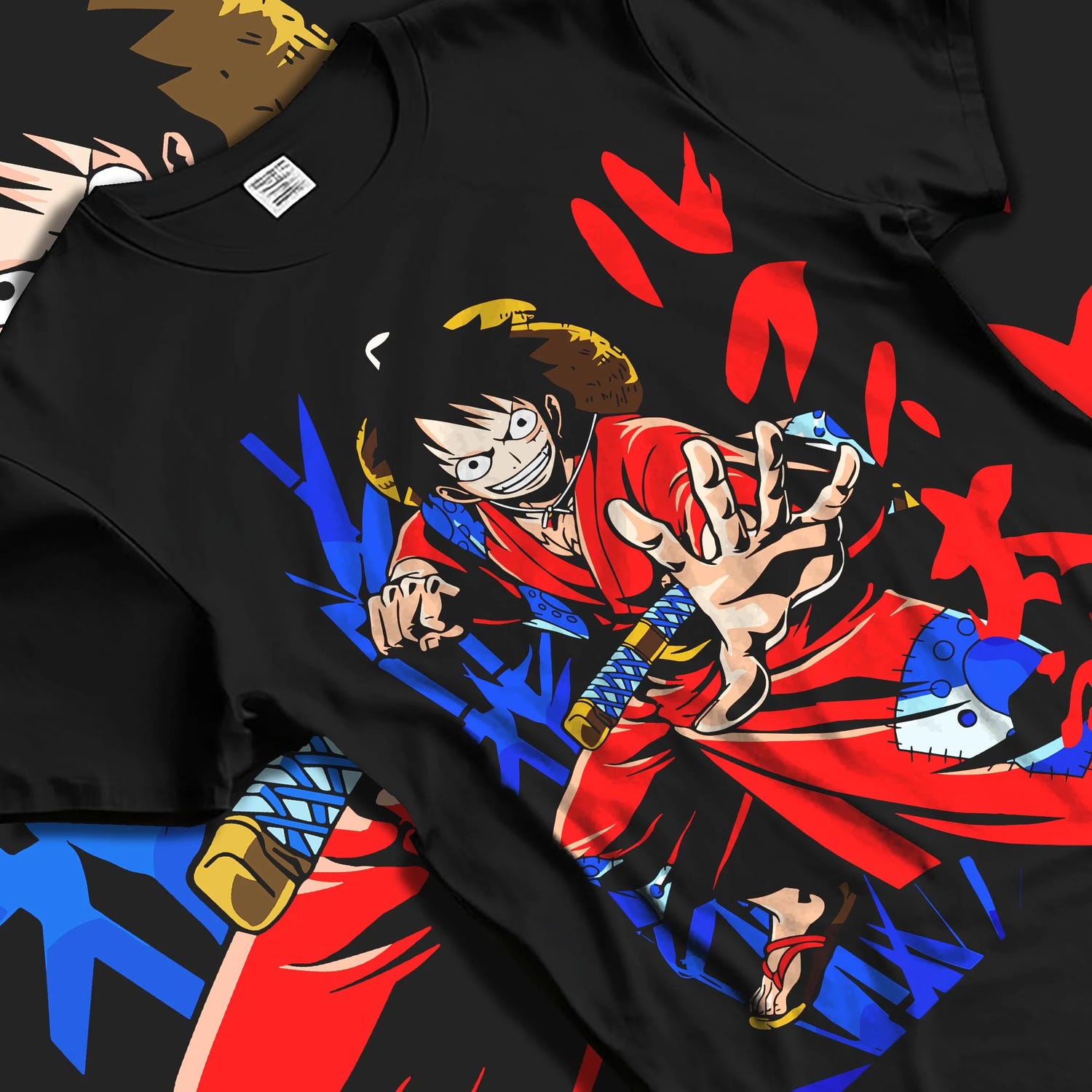 Black T-shirt laid flat with natural folds with Monkey D Luffy Hoodie One Piece Samurai Warrior graphic bold anime graphic.