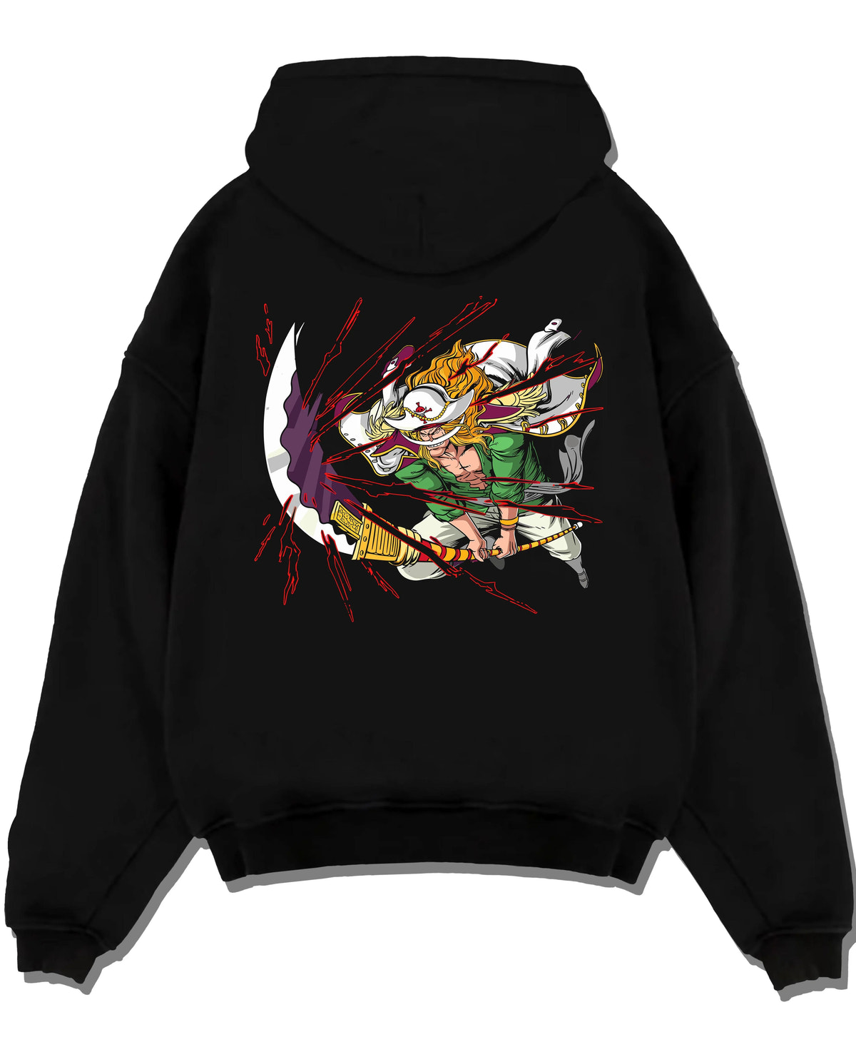 Black hoodie laid flat featuring Whitebeard Tremor Fruit emperor power One Piece artwork.