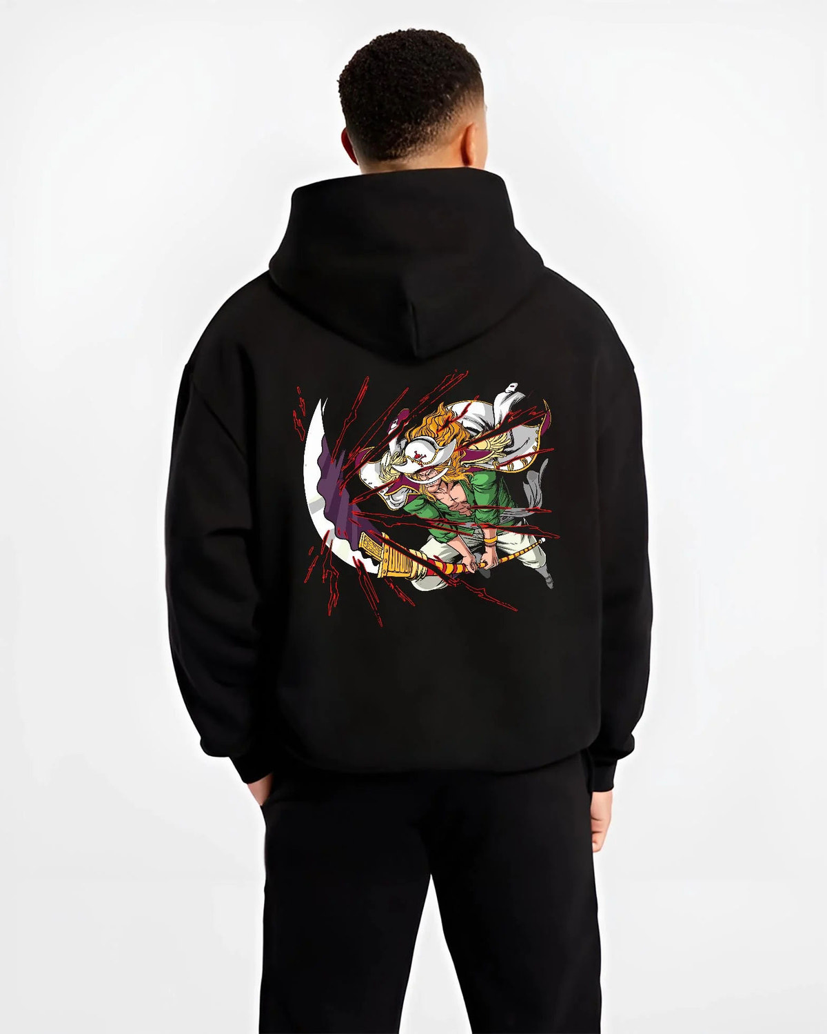 Black hoodie worn by male model from the back featuring Whitebeard Tremor Fruit emperor power One Piece artwork.