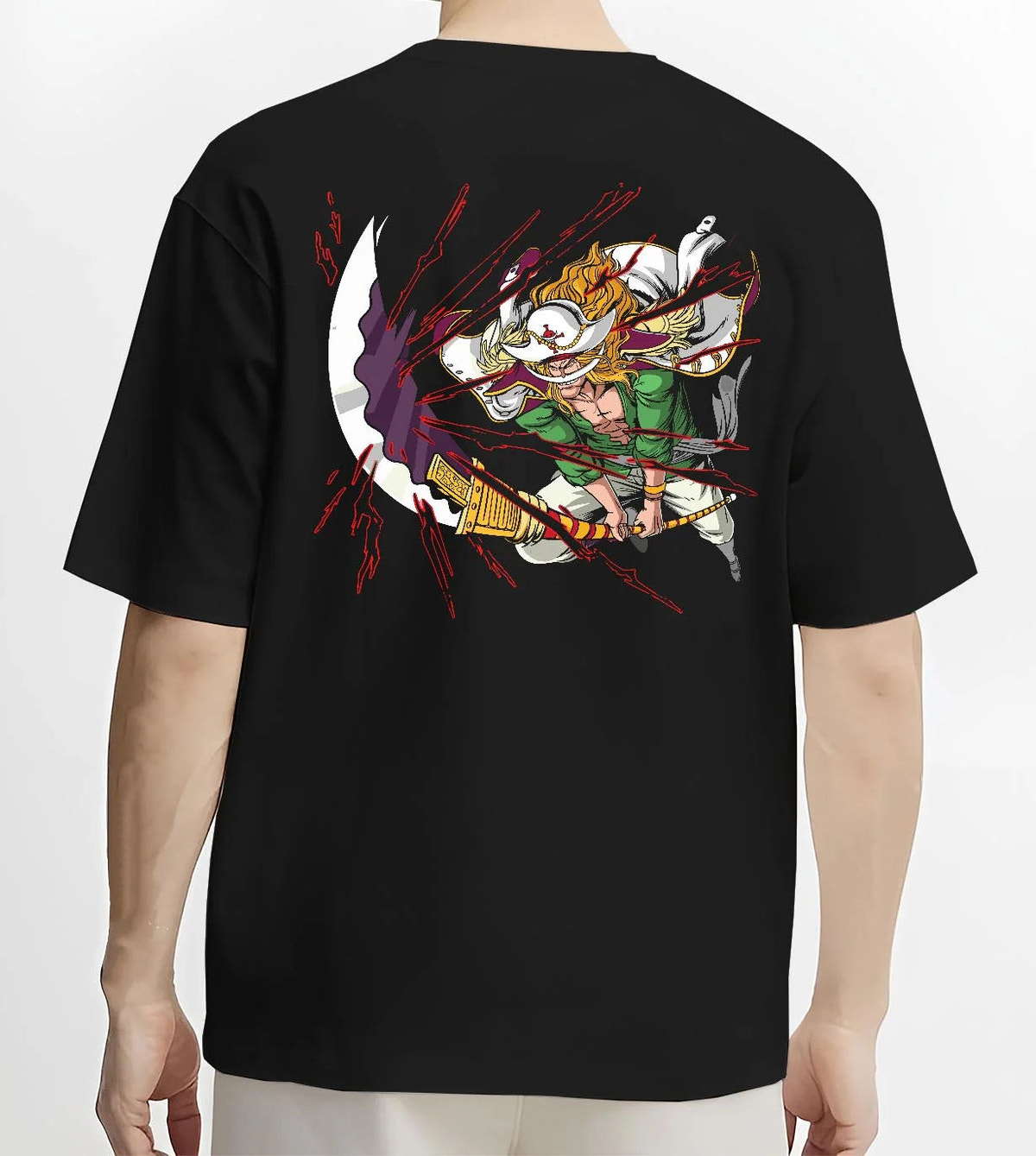 Black T-shirt worn by male model from the back featuring Whitebeard Tremor Fruit emperor power One Piece artwork.