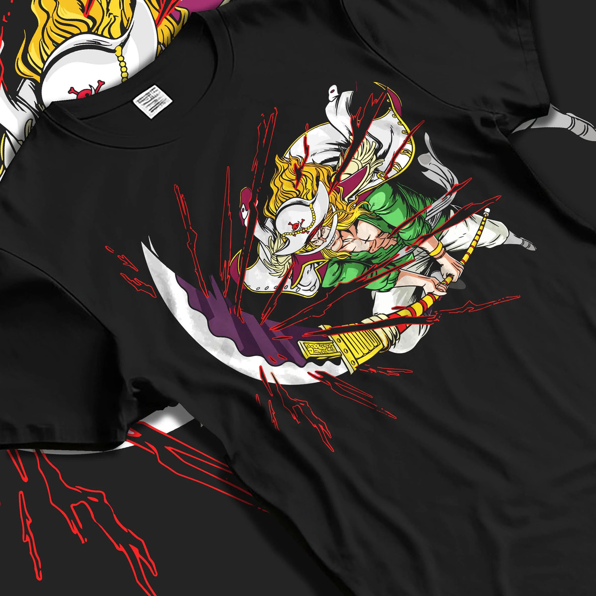 Black T-shirt laid flat with natural folds featuring Whitebeard Tremor Fruit emperor power One Piece artwork.