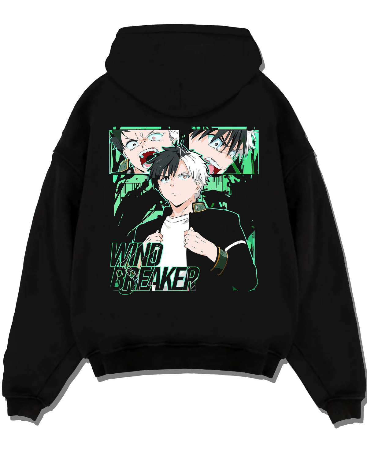 Black hoodie laid flat featuring Haruka Sakura Bofurin fighter portrait Wind Breaker artwork.