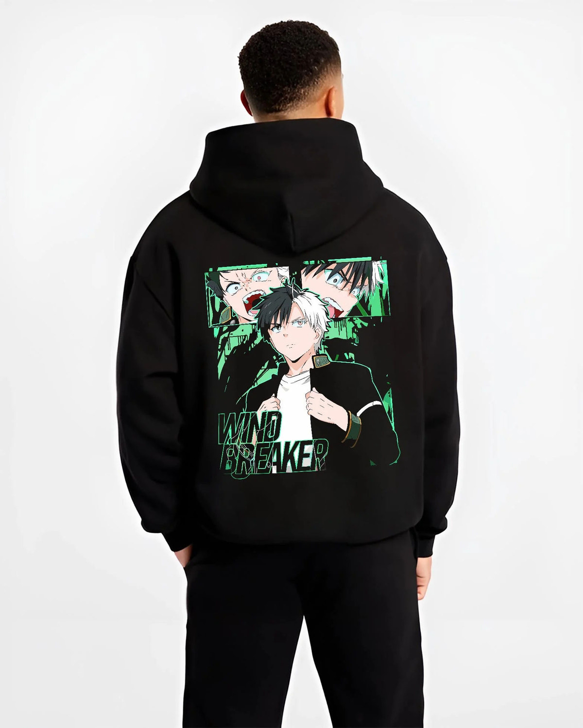 Black hoodie worn by male model from the back featuring Haruka Sakura Bofurin fighter portrait Wind Breaker artwork.