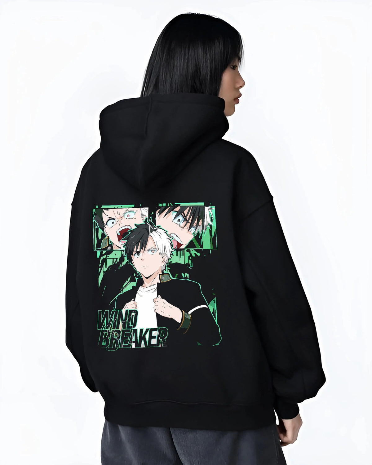 Black hoodie worn by female model from the back featuring Haruka Sakura Bofurin fighter portrait Wind Breaker artwork.