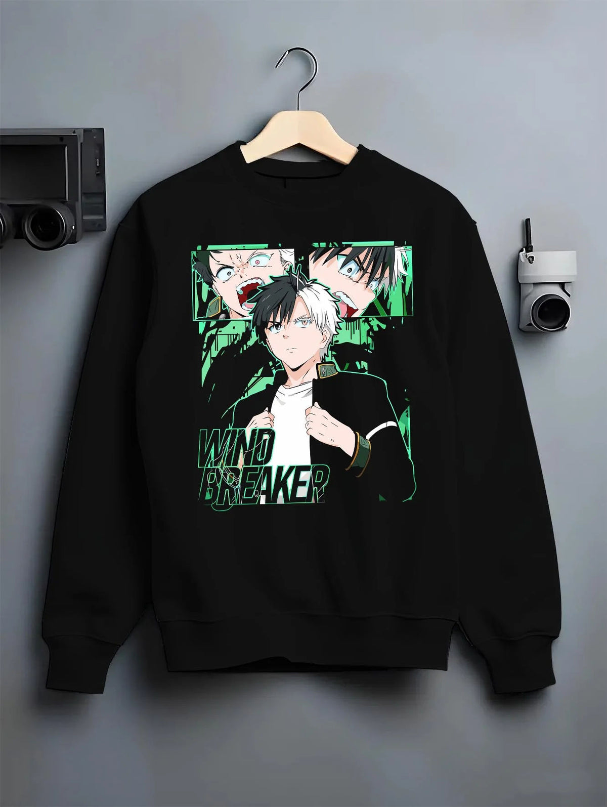 Black crewneck sweatshirt on hanger featuring Haruka Sakura Bofurin fighter portrait Wind Breaker artwork.