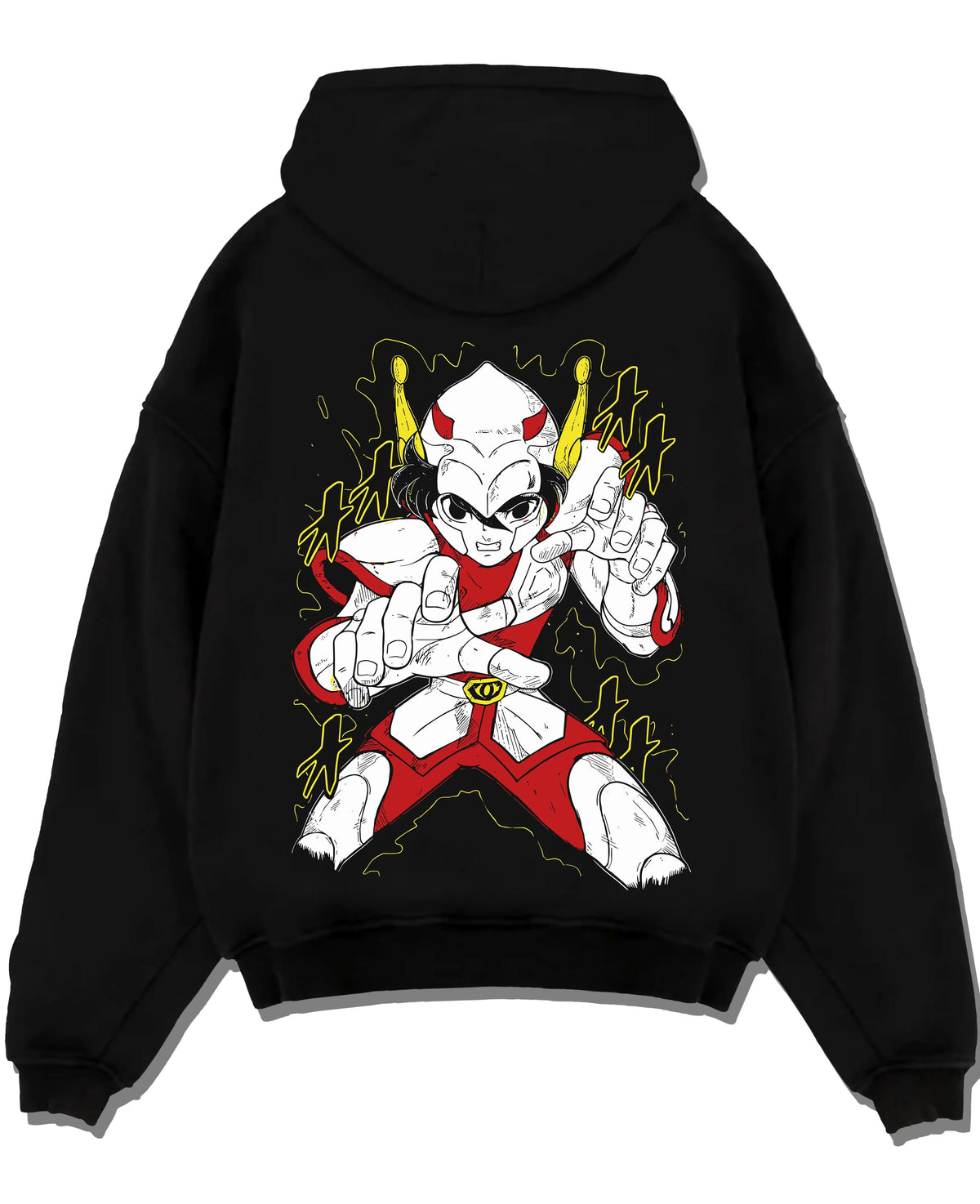 Black hoodie laid flat featuring Kamen Rider white form masked hero artwork.
