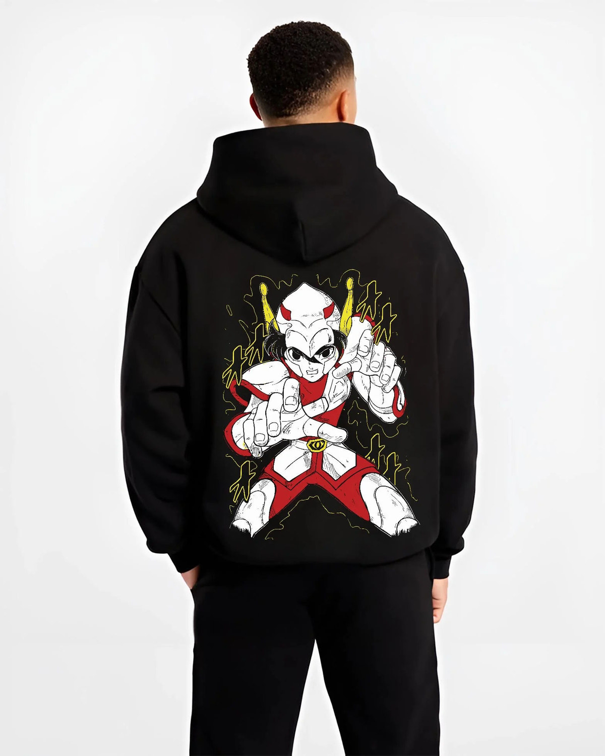 Black hoodie worn by male model from the back featuring Kamen Rider white form masked hero artwork.