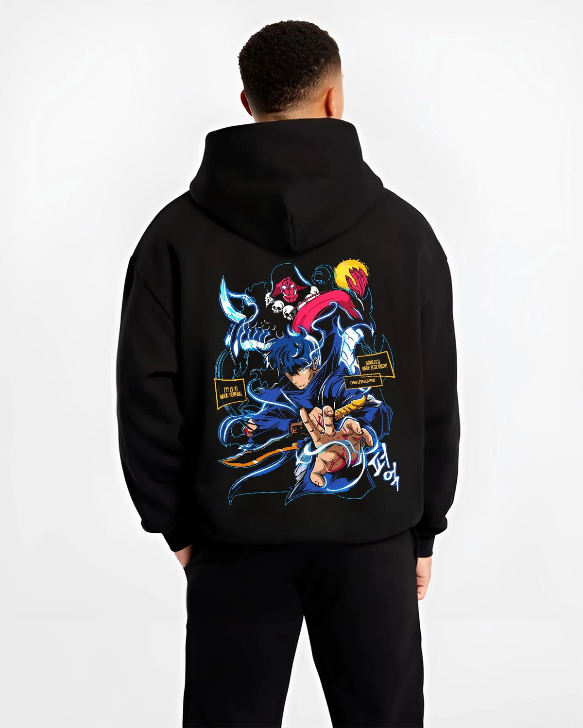 Black hoodie worn by male model from the back featuring Sung Jin-Woo Shadow Sovereign power Solo Leveling artwork.