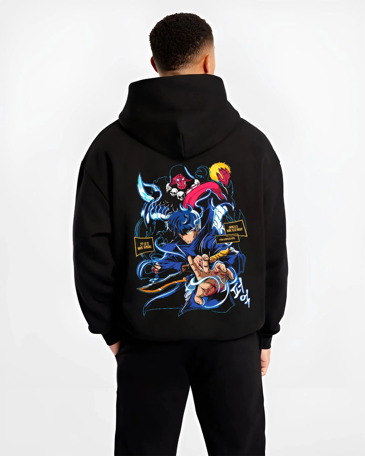 Black hoodie worn by male model from the back featuring Sung Jin-Woo Shadow Sovereign power Solo Leveling artwork.