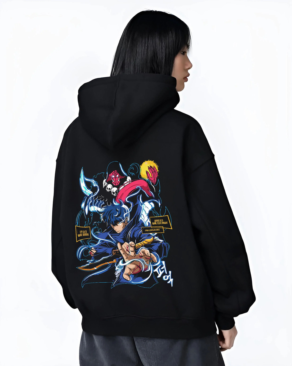 Black hoodie worn by female model from the back featuring Sung Jin-Woo Shadow Sovereign power Solo Leveling artwork.