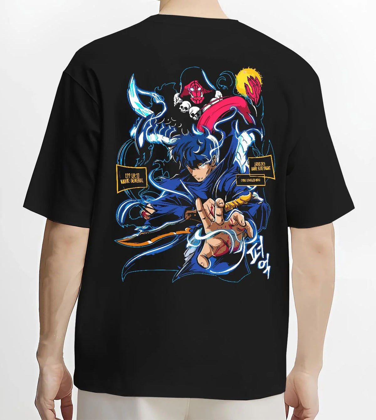 Black T-shirt worn by male model from the back featuring Sung Jin-Woo Shadow Sovereign power Solo Leveling artwork.