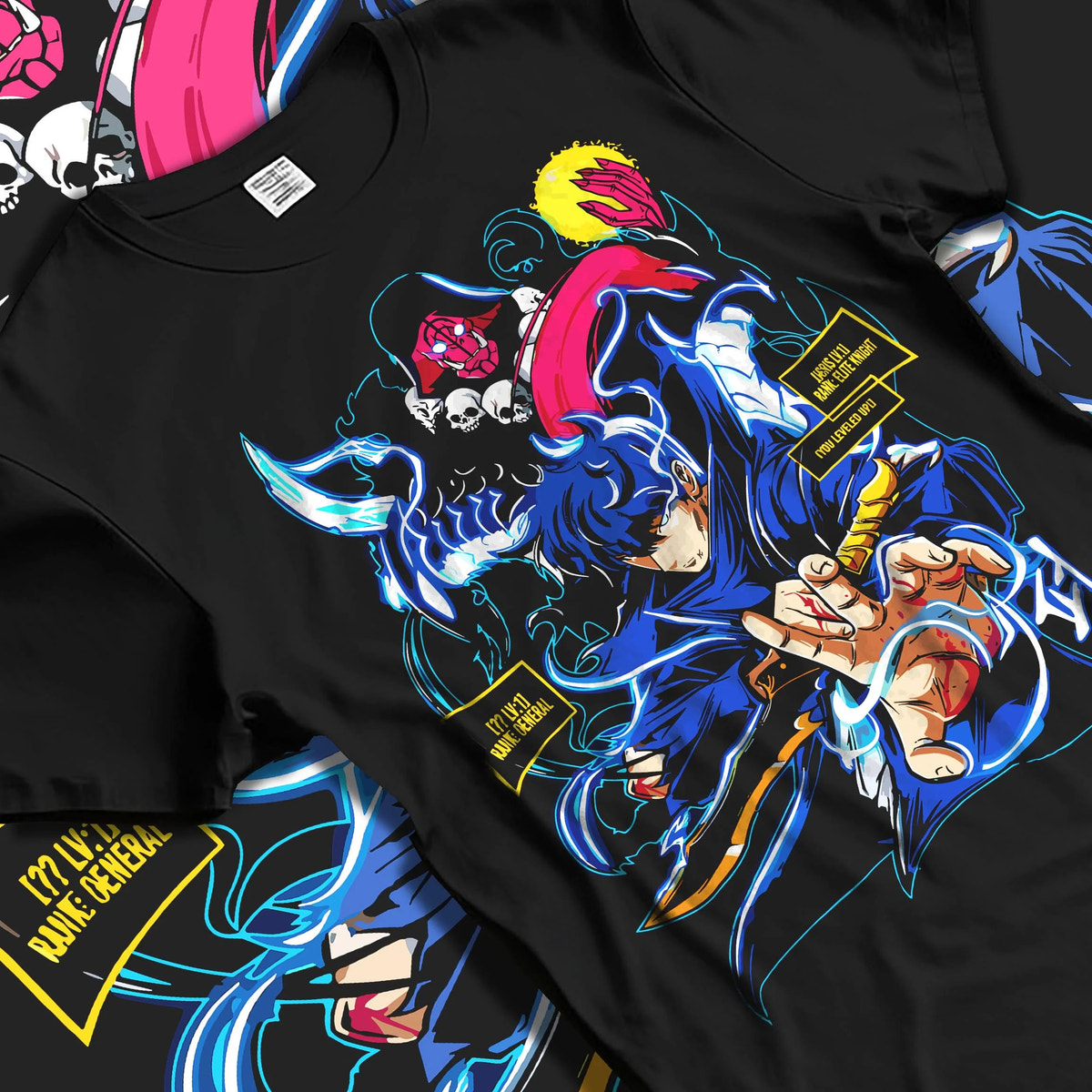 Black T-shirt laid flat with natural folds featuring Sung Jin-Woo Shadow Sovereign power Solo Leveling artwork.