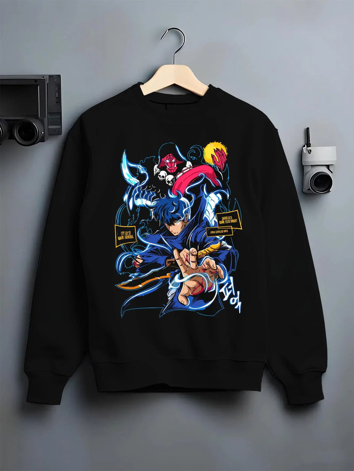 Black crewneck sweatshirt on hanger featuring Sung Jin-Woo Shadow Sovereign power Solo Leveling artwork.