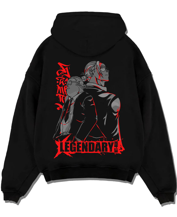 Black hoodie laid flat featuring Sanemi and Genya Shinazugawa brothers Demon Slayer artwork.