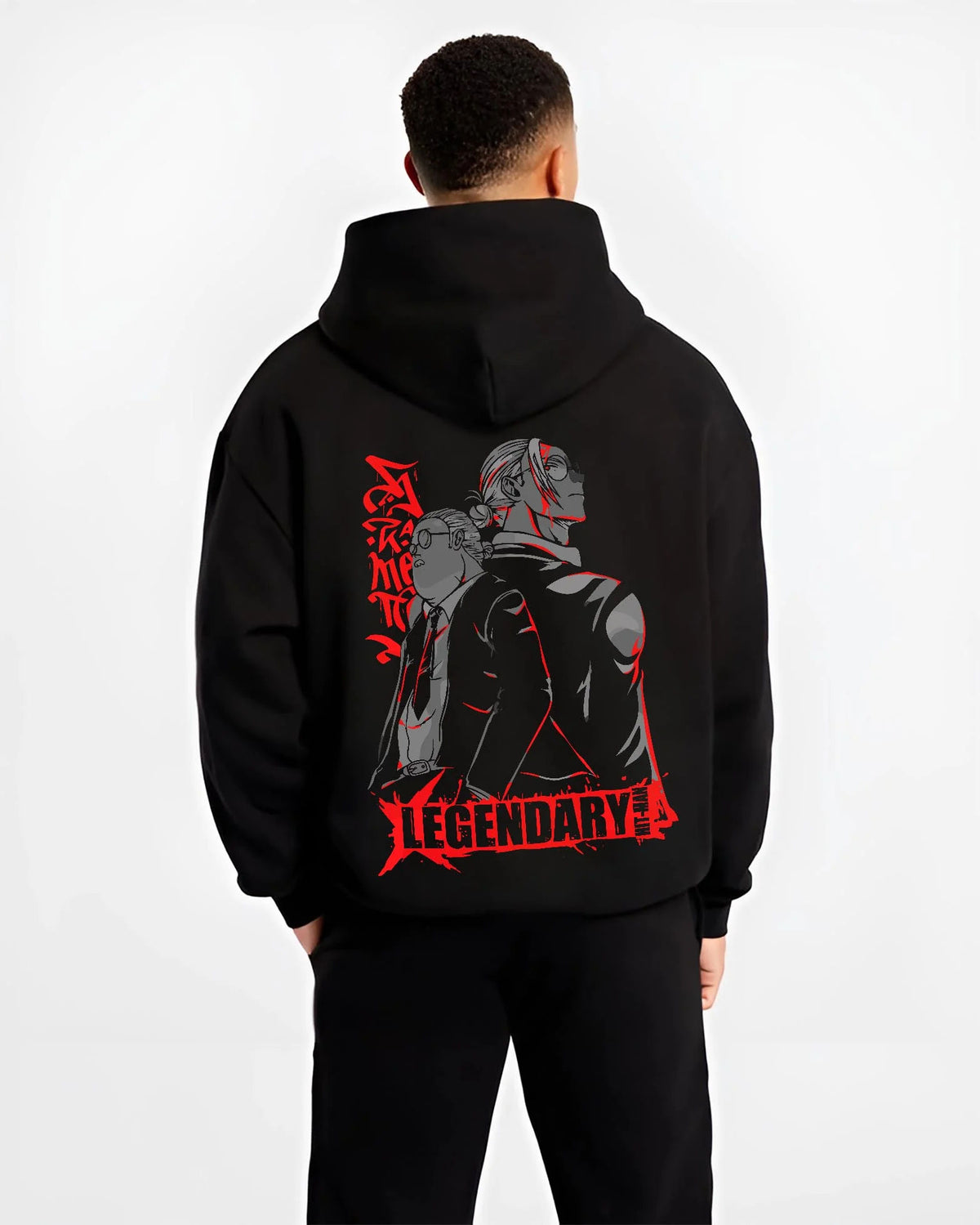 Black hoodie worn by male model from the back featuring Sanemi and Genya Shinazugawa brothers Demon Slayer artwork.