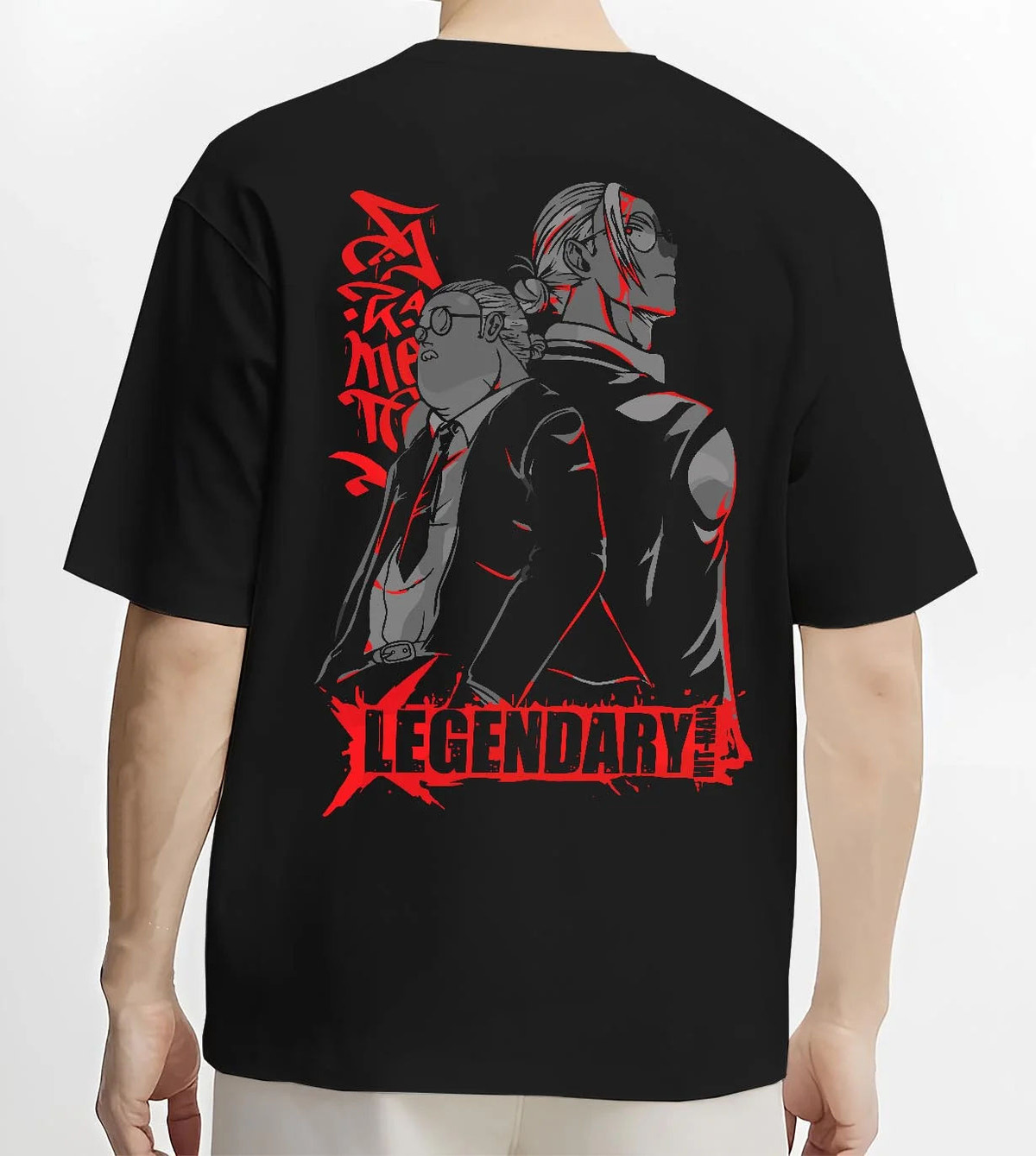 Black T-shirt worn by male model from the back featuring Sanemi and Genya Shinazugawa brothers Demon Slayer artwork.