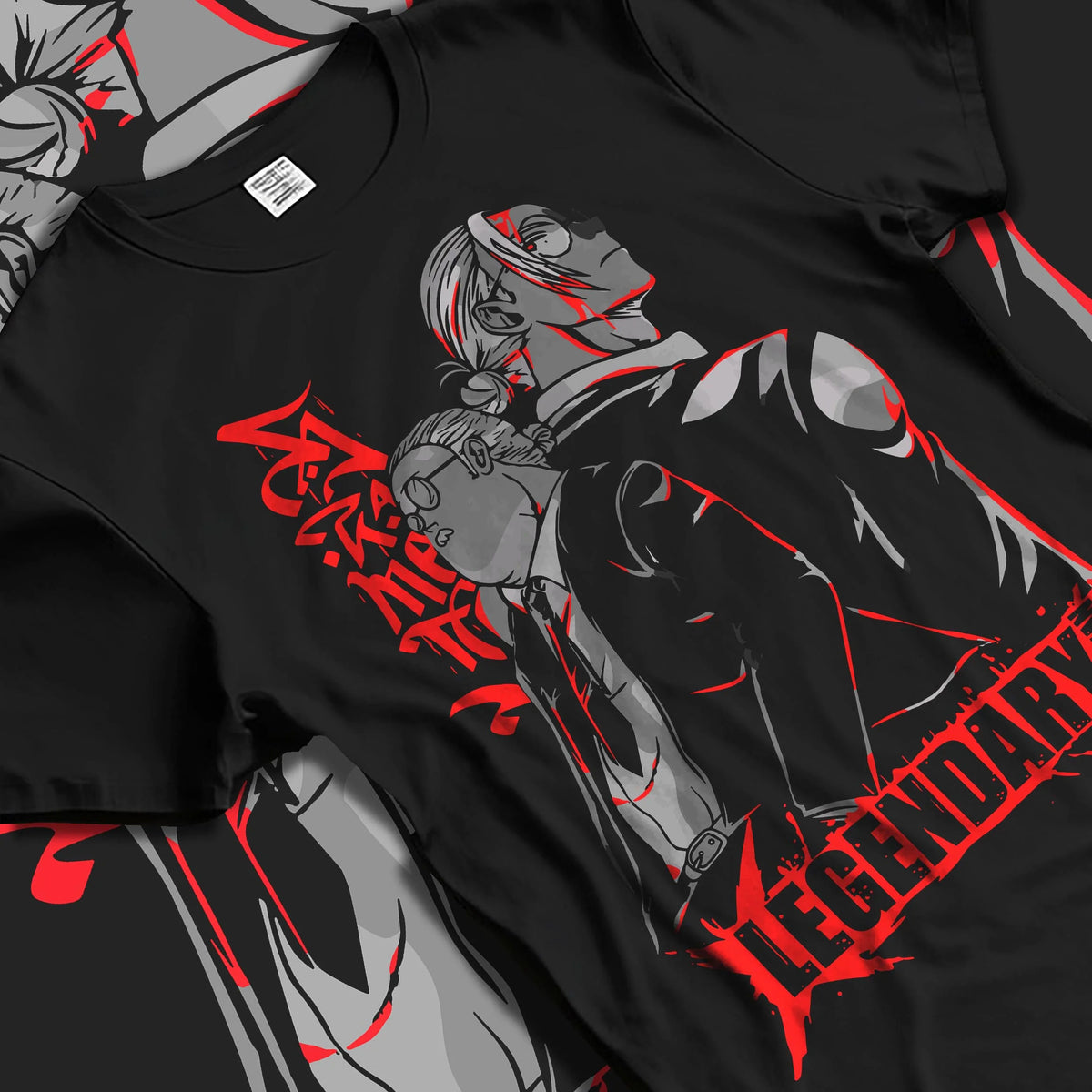 Black T-shirt laid flat with natural folds featuring Sanemi and Genya Shinazugawa brothers Demon Slayer artwork.