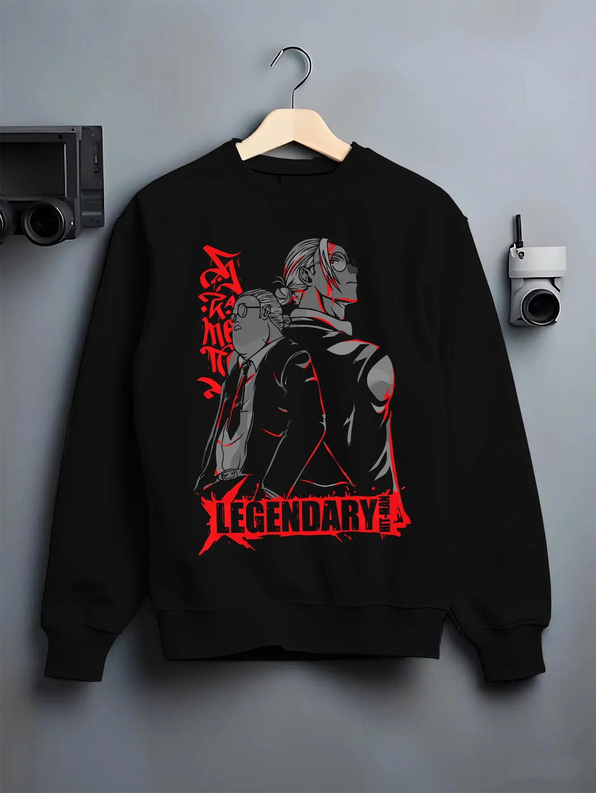 Black crewneck sweatshirt on hanger featuring Sanemi and Genya Shinazugawa brothers Demon Slayer artwork.