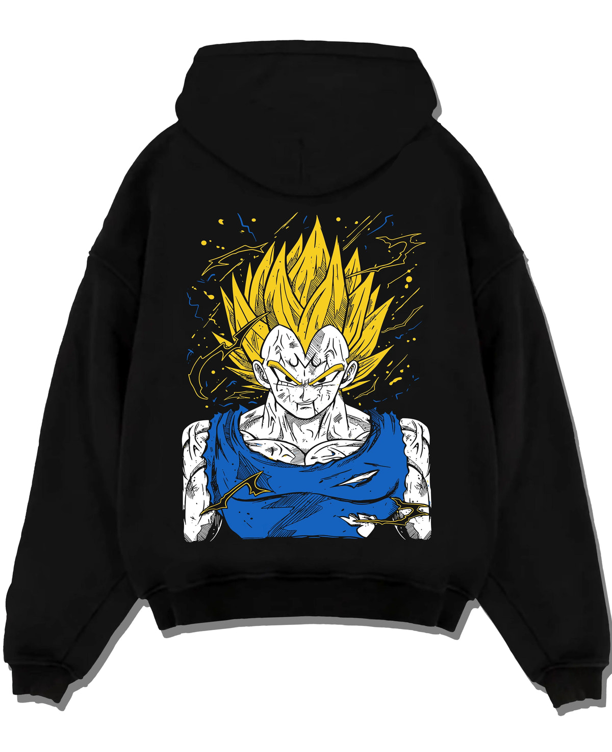 Black hoodie laid flat featuring Majin Vegeta battle-worn Saiyan Dragon Ball Z artwork.
