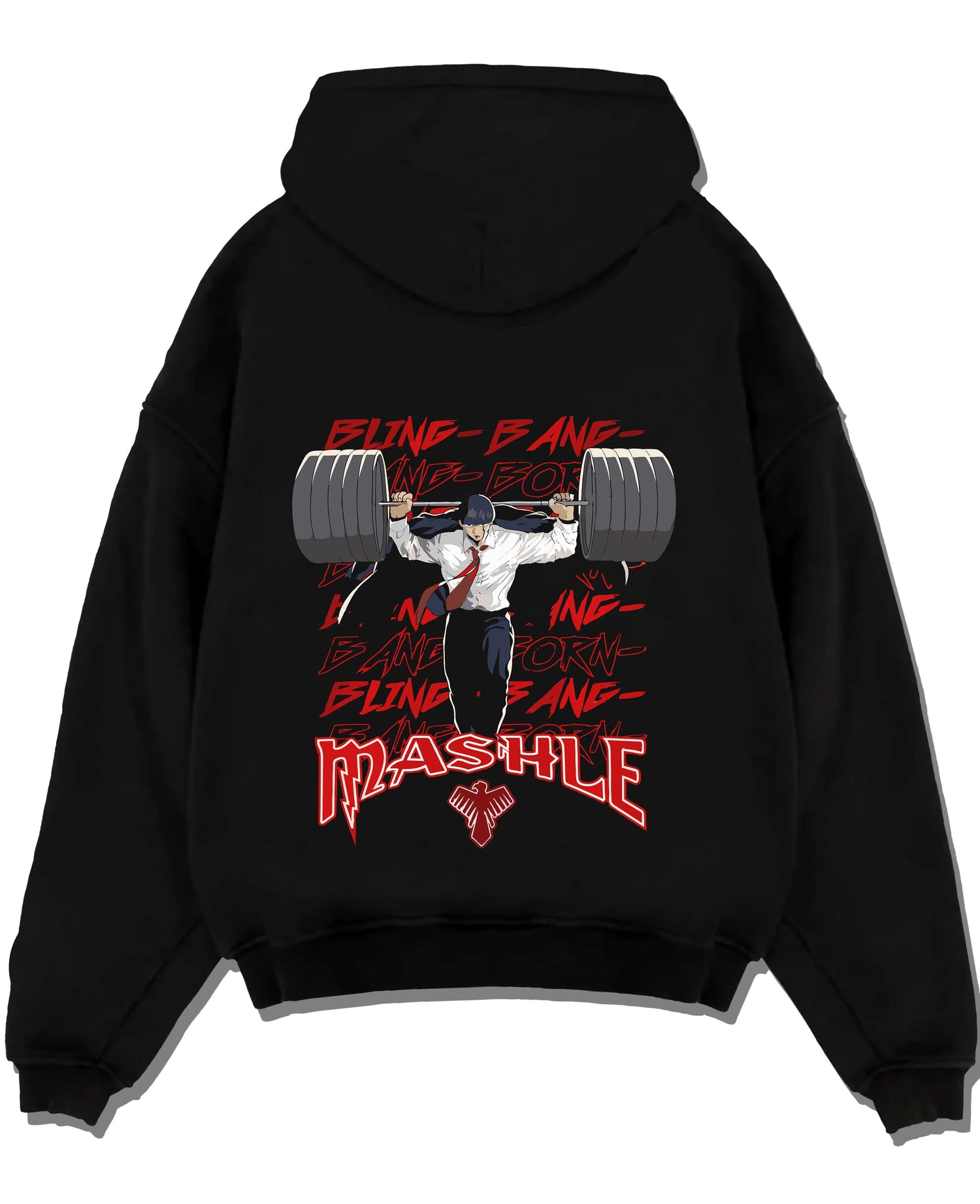 Black pullover hoodie laid flat with Mash Burnedead Hoodie Mashle Muscle Weight Lift graphic premium wear.