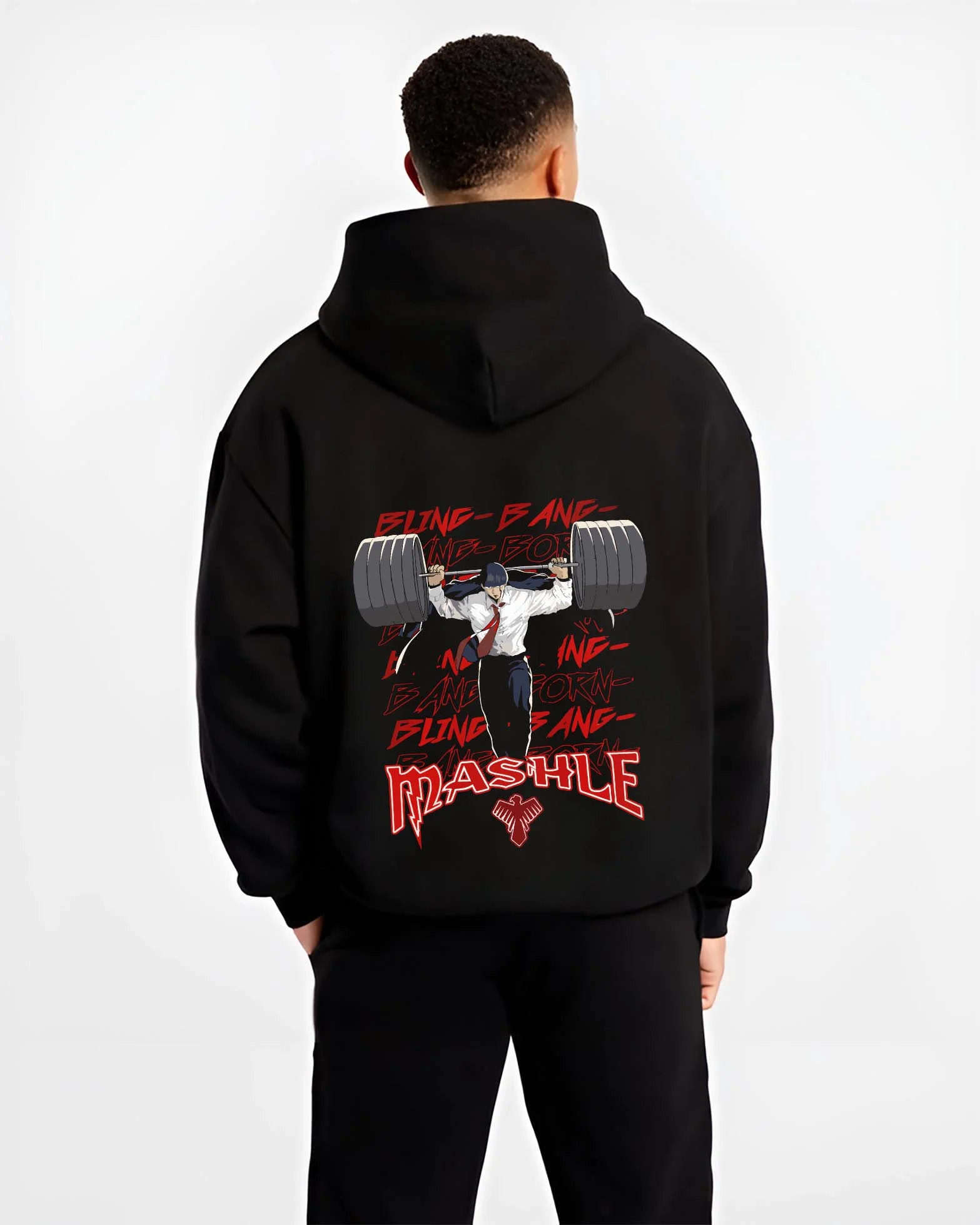 Black hoodie worn by male model, back view with Mash Burnedead Hoodie Mashle Muscle Weight Lift graphic streetwear graphic.