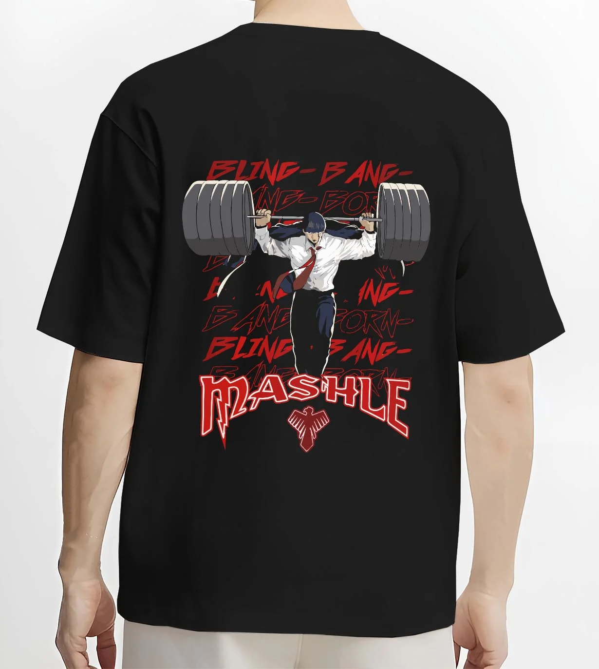 Black T-shirt worn by male model, back view with Mash Burnedead Hoodie Mashle Muscle Weight Lift graphic streetwear graphic.