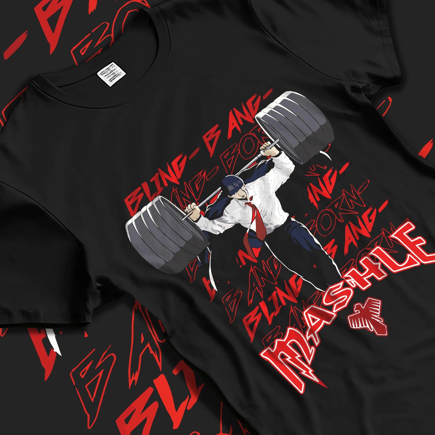 Black T-shirt laid flat with natural folds with Mash Burnedead Hoodie Mashle Muscle Weight Lift graphic bold anime graphic.