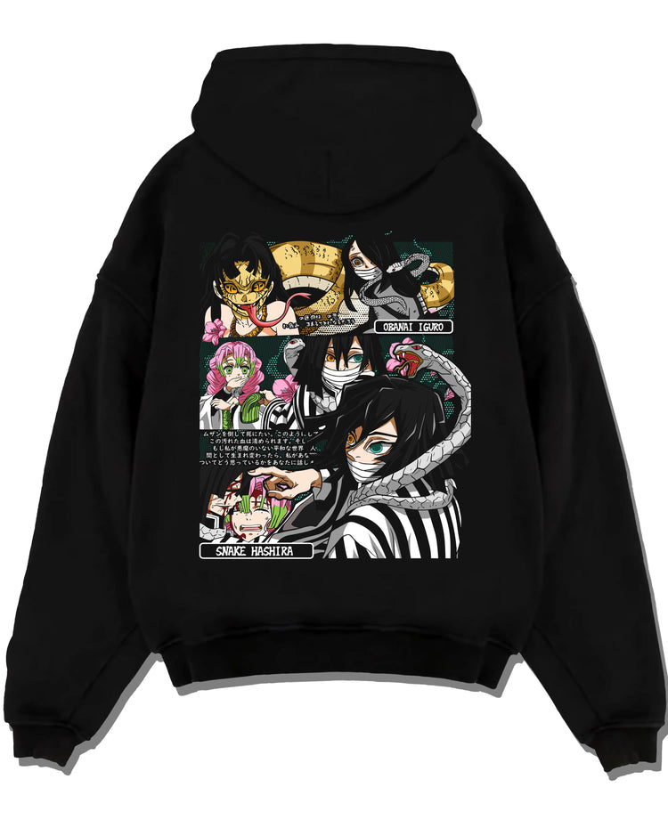 Black hoodie laid flat featuring Obanai Iguro Snake Hashira collage Demon Slayer artwork.