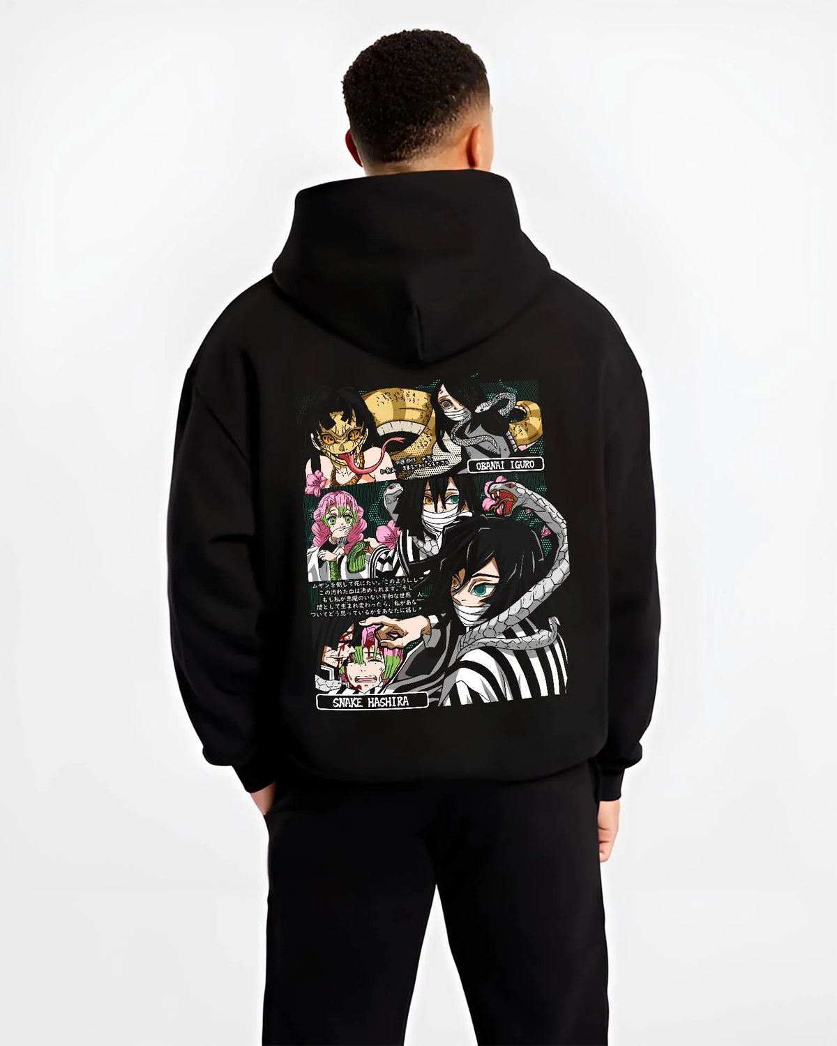 Black hoodie worn by male model from the back featuring Obanai Iguro Snake Hashira collage Demon Slayer artwork.