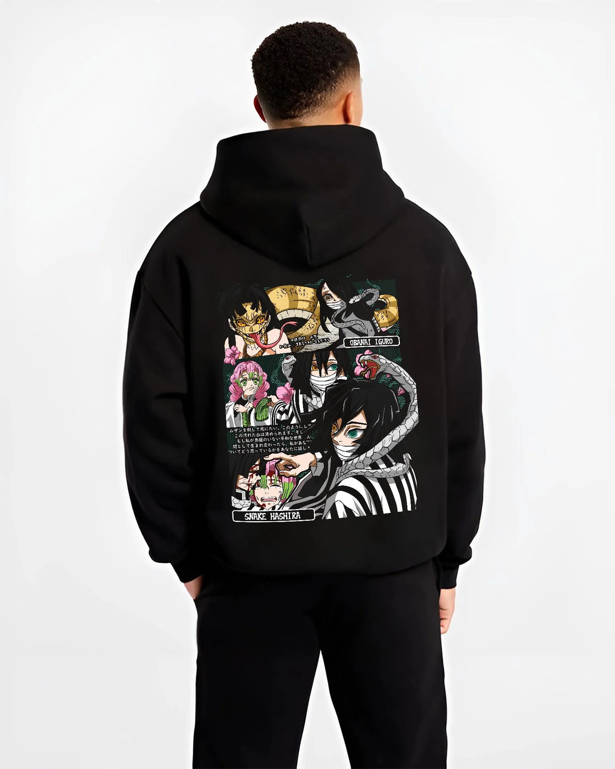 Black hoodie worn by male model from the back featuring Obanai Iguro Snake Hashira collage Demon Slayer artwork.