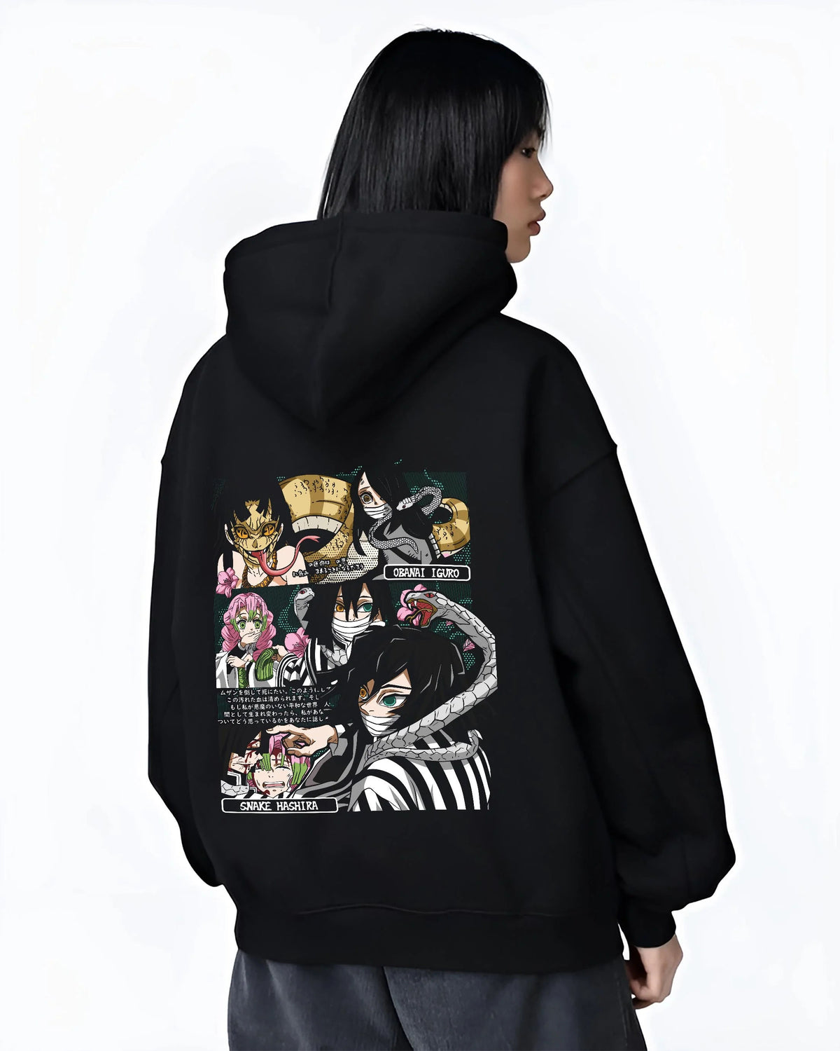 Black hoodie worn by female model from the back featuring Obanai Iguro Snake Hashira collage Demon Slayer artwork.