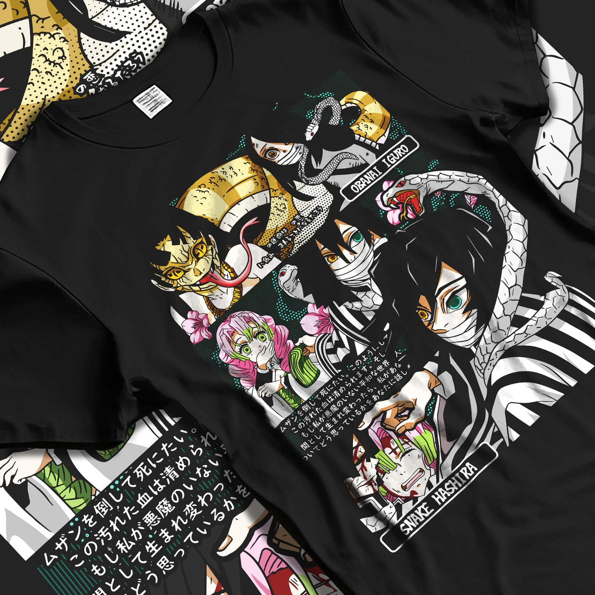 Black T-shirt laid flat with natural folds featuring Obanai Iguro Snake Hashira collage Demon Slayer artwork.