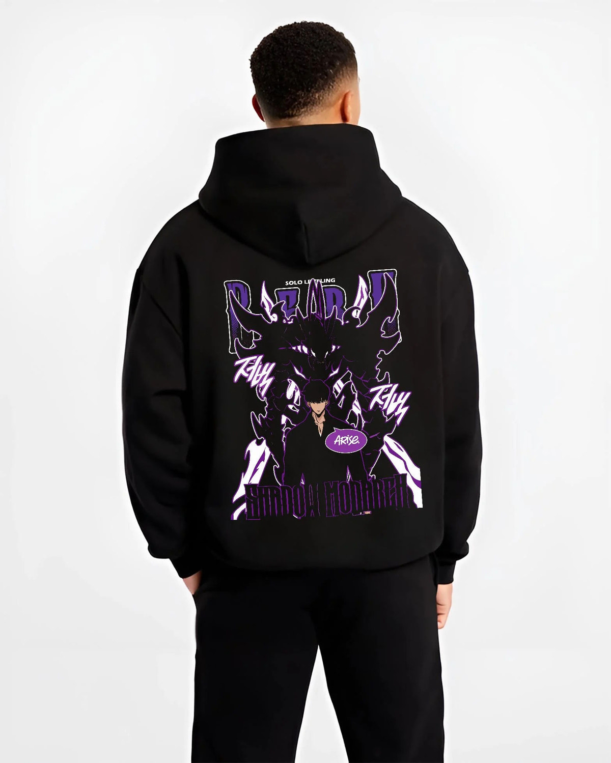 Black hoodie worn by male model from the back featuring Sung Jin-Woo Shadow Monarch purple aura Solo Leveling artwork.