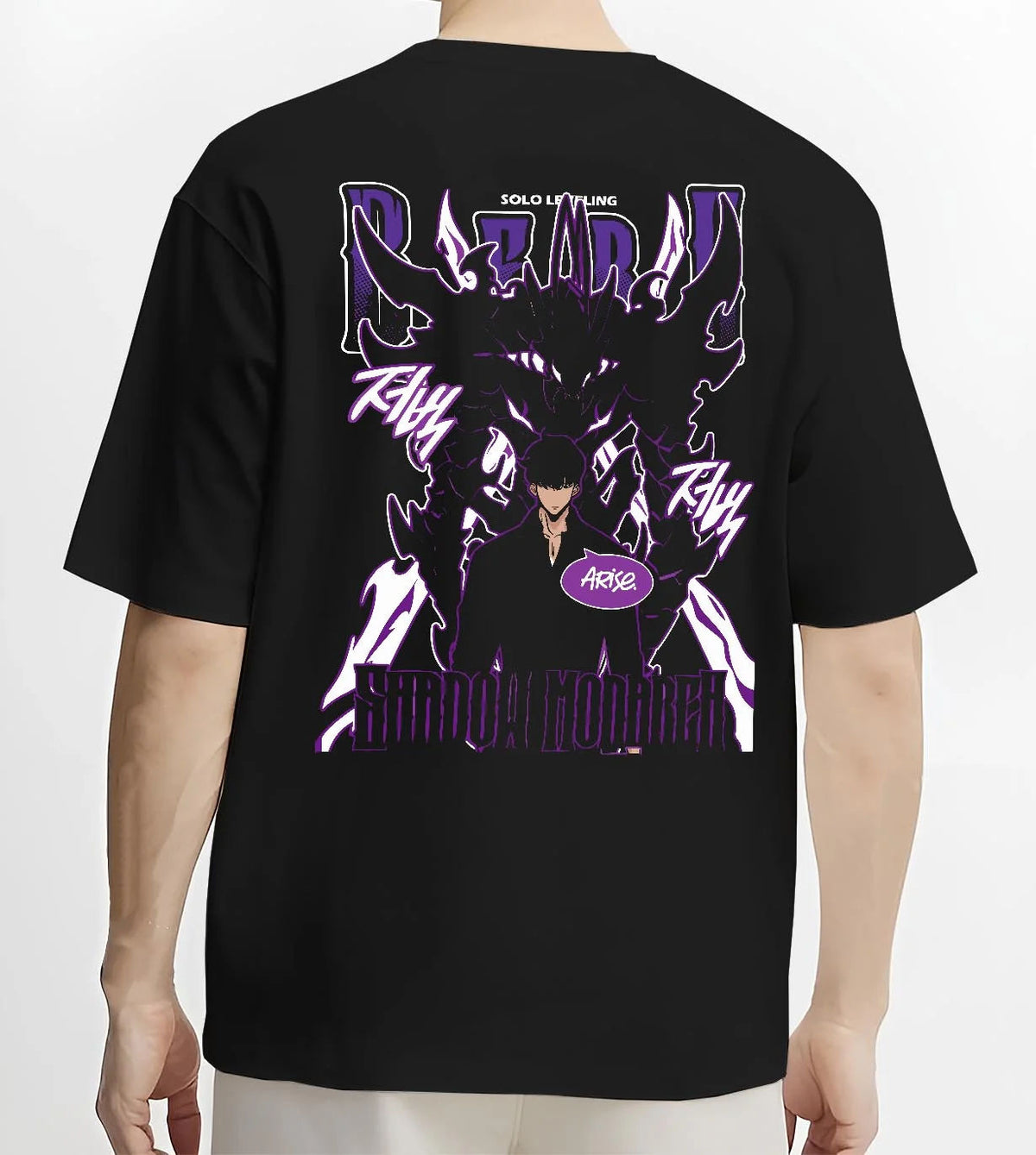Black T-shirt worn by male model from the back featuring Sung Jin-Woo Shadow Monarch purple aura Solo Leveling artwork.