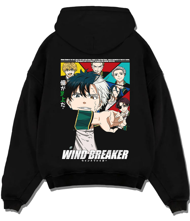 Black hoodie flat back view showing Wind Breaker: Haruka Sakura and cast
