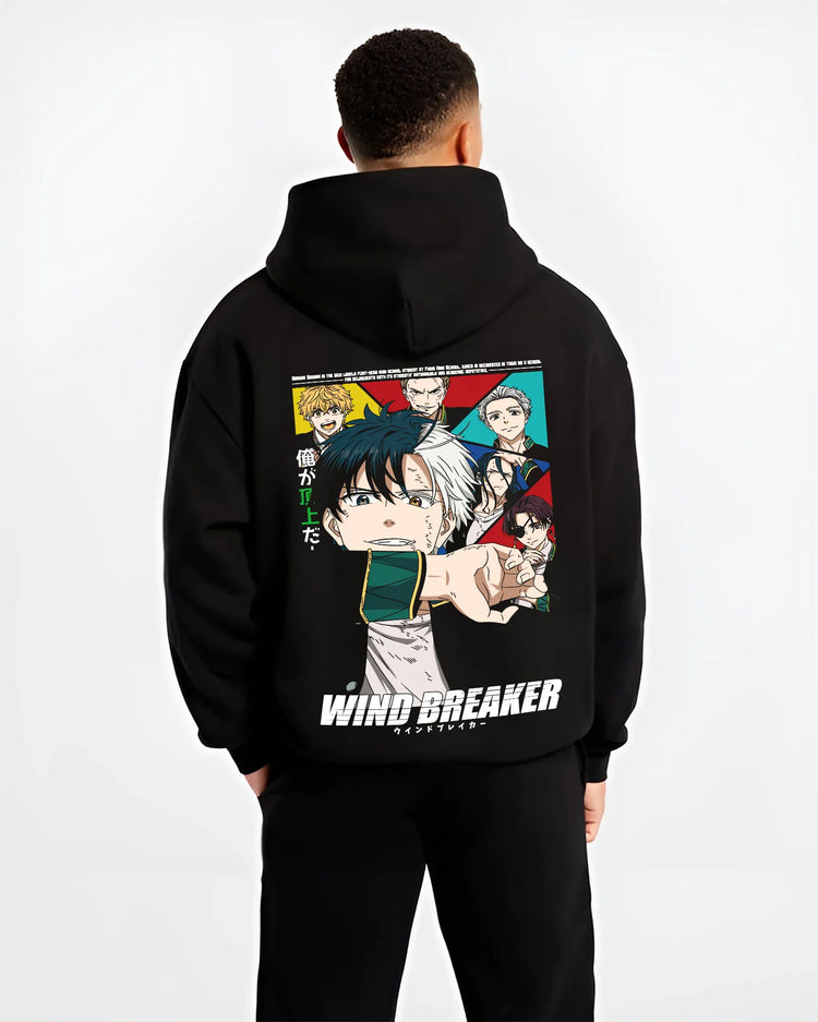 Black hoodie model back view showing Wind Breaker: Haruka Sakura and cast
